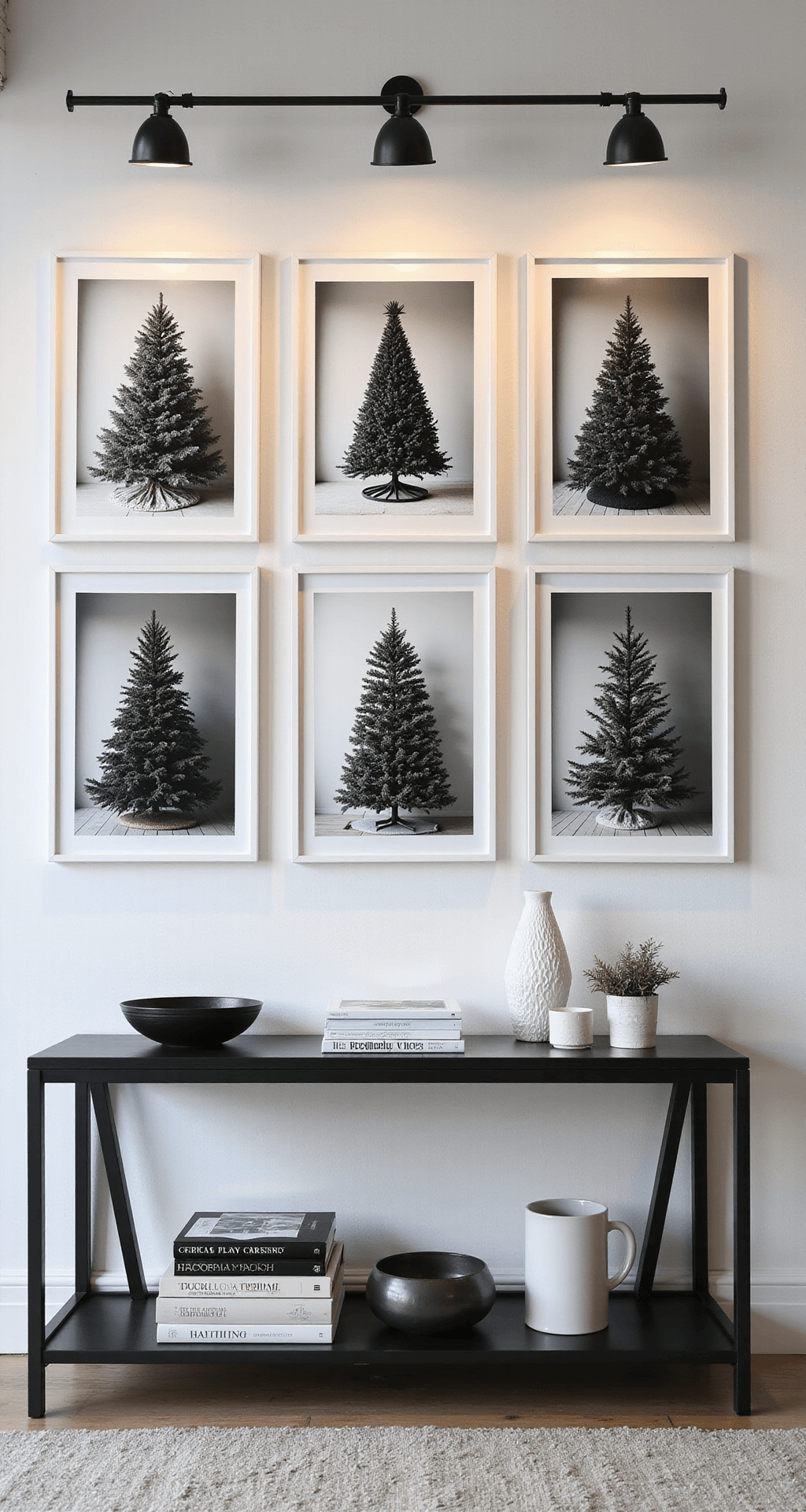 A Black and White Christmas Tree: Modern Elegance Meets Festive Cheer A gallery wall featuring five black and white photographs of Christmas tree styles: minimalist, glam, farmhouse, Scandinavian, and eclectic, with a sleek black console table below. Each image showcases different lighting scenarios, all set in a modern studio with clean white walls and industrial pendant lighting.
