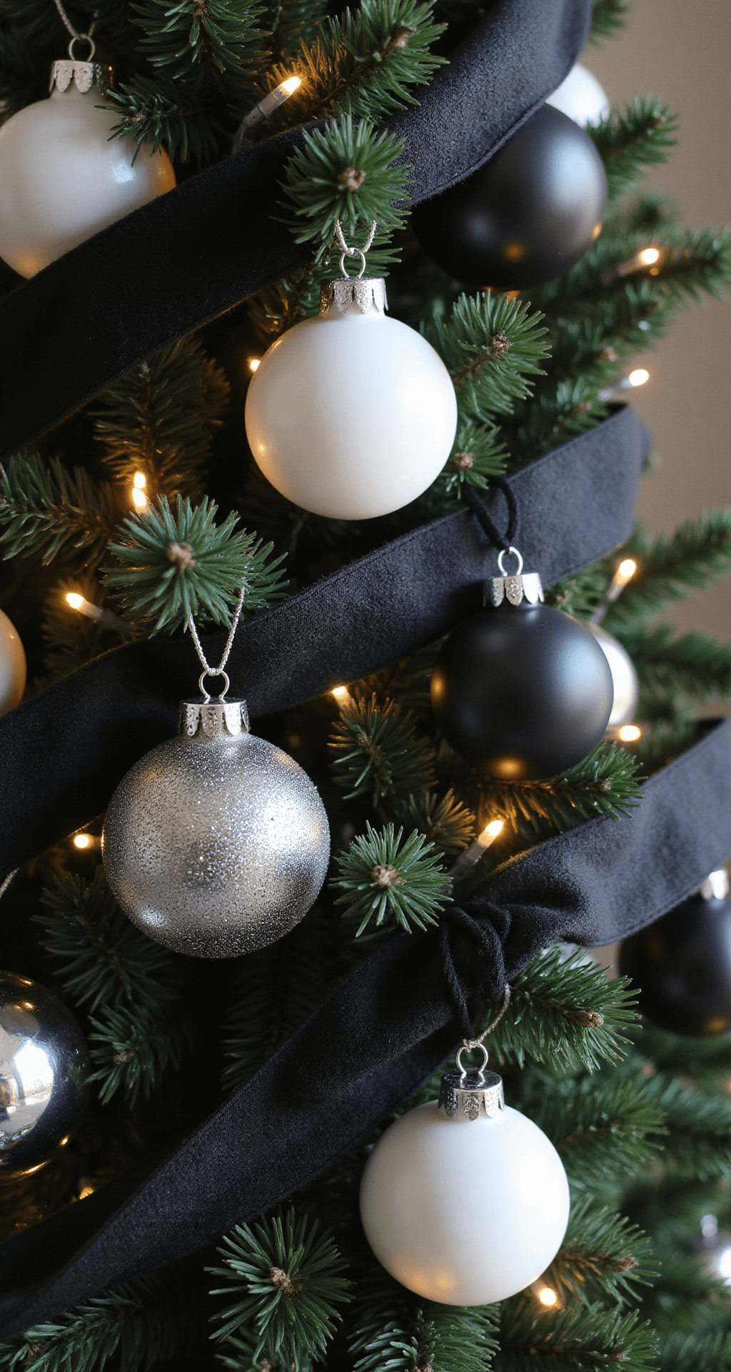 A Black and White Christmas Tree: Modern Elegance Meets Festive Cheer Close-up macro shot of a black Christmas tree branch adorned with glossy white ceramic baubles, matte black felt ornaments, and brushed silver metallic accents, showcasing intricate texture layering, velvet ribbon weaving, and warm LED rim lighting, emphasizing the tactile quality and sophisticated color interplay in a monochromatic decoration scheme.