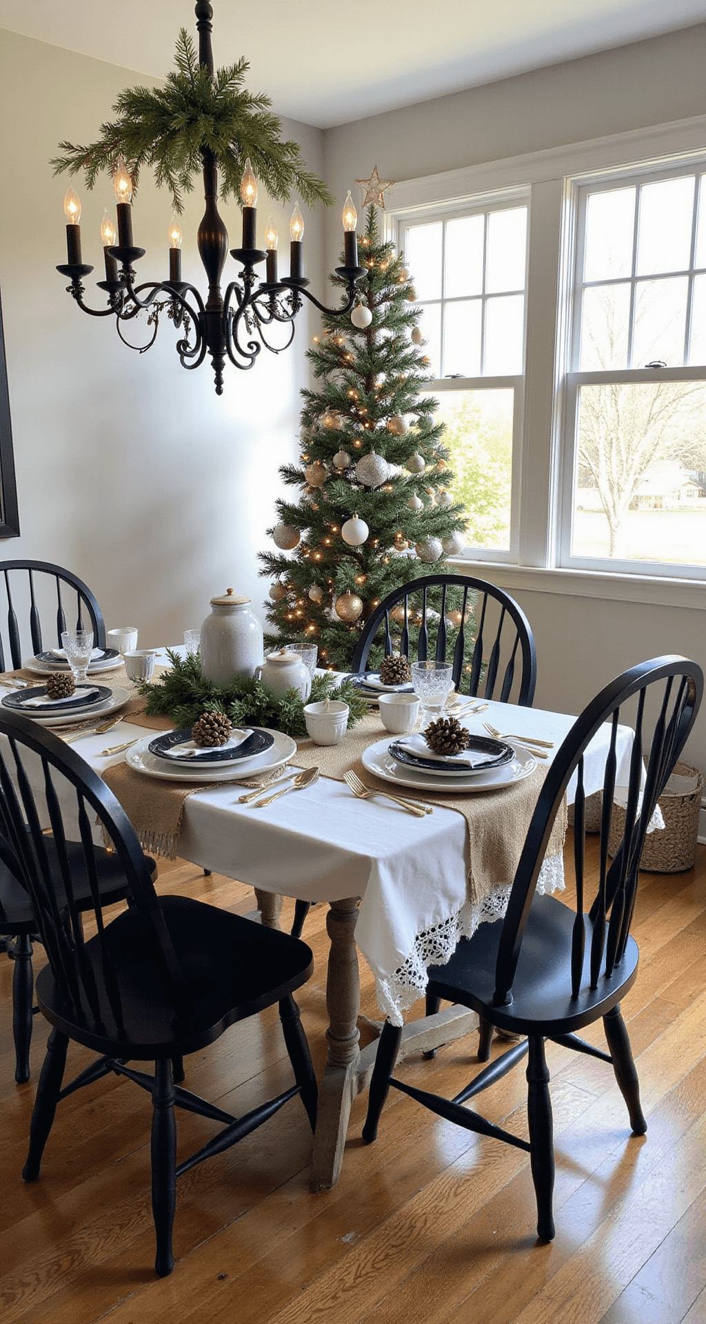 A Black and White Christmas Tree: Modern Elegance Meets Festive Cheer Cozy farmhouse dining room decorated for Christmas with DIY black and white decor, featuring painted mason jar ornaments, vintage wooden table, natural pinecones, burlap and lace tree skirt, and warm afternoon light enhancing the rustic charm.