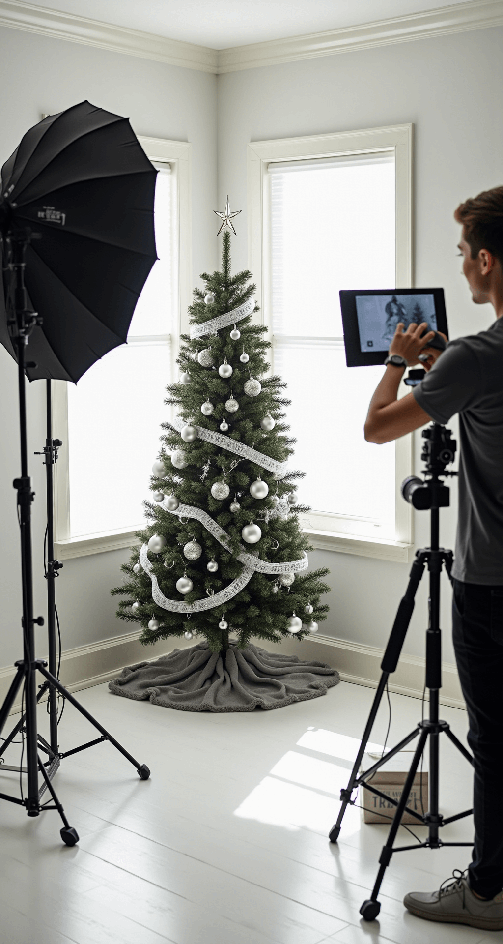 A Black and White Christmas Tree: Modern Elegance Meets Festive Cheer A pristine white-walled photography studio featuring a perfectly styled black and white Christmas tree, surrounded by professional equipment like ring lights and a camera on tripod, under even morning sunlight.