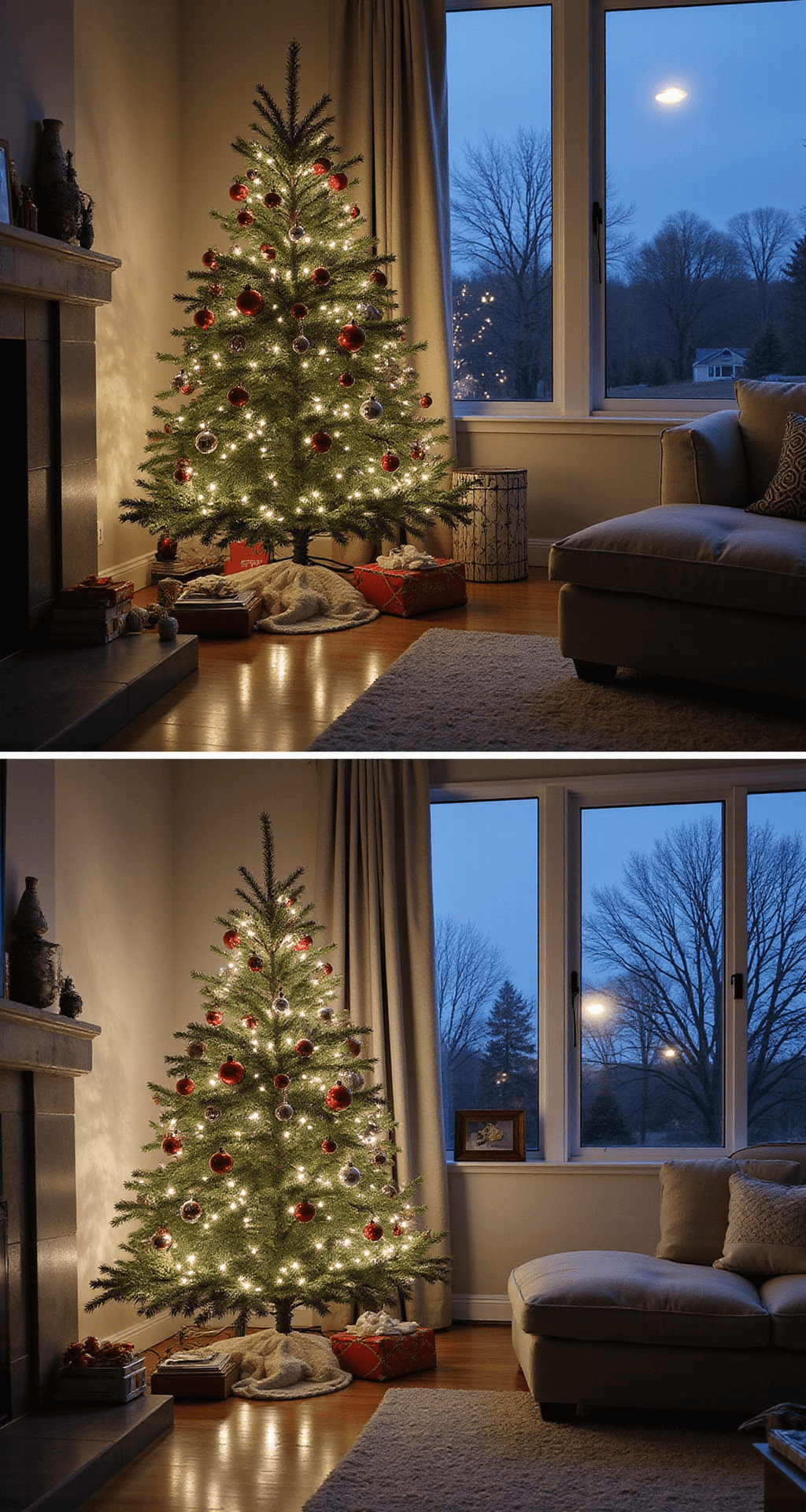 A Black and White Christmas Tree: Modern Elegance Meets Festive Cheer A split scene depicting a poorly decorated Christmas tree on the left with overcrowded ornaments, harsh lighting, and unflattering shadows, contrasted with a beautifully arranged tree on the right featuring balanced lighting, harmonious textures, and a warm, inviting ambiance.