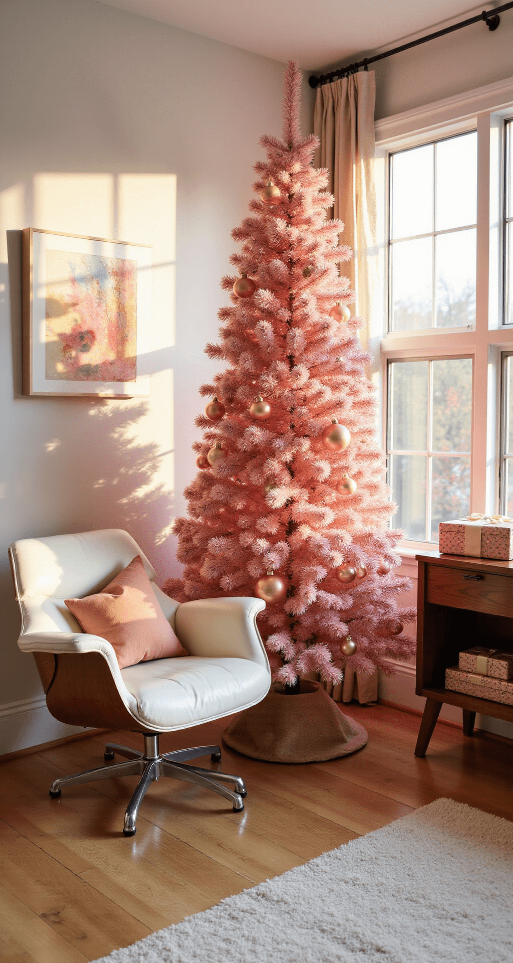 Colorful Christmas Trees: A Festive Twist on Holiday Decor Mid-century modern living room with a bubblegum pink artificial Christmas tree beside a cream leather Eames lounge chair, illuminated by warm golden hour light, showcasing honey oak hardwood floors and layered textures including a plush ivory shag rug and velvet throw pillows.