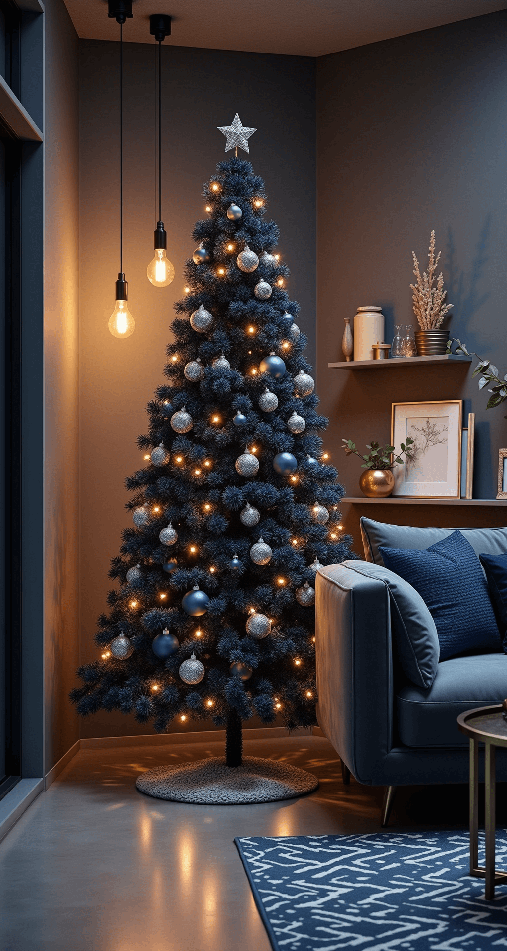 Colorful Christmas Trees: A Festive Twist on Holiday Decor A contemporary open-plan living space featuring a dramatic midnight blue Christmas tree adorned with silver and crystal ornaments, set beside a charcoal gray sectional sofa. Warm ambient lighting from Edison bulb string lights and modern pendant fixtures creates a cozy atmosphere, while polished concrete floors reflect the tree's blue hue. A geometric navy and silver area rug anchors the seating area, accompanied by metallic accents like a brass coffee table and copper planters, all captured in moody spotlighting.