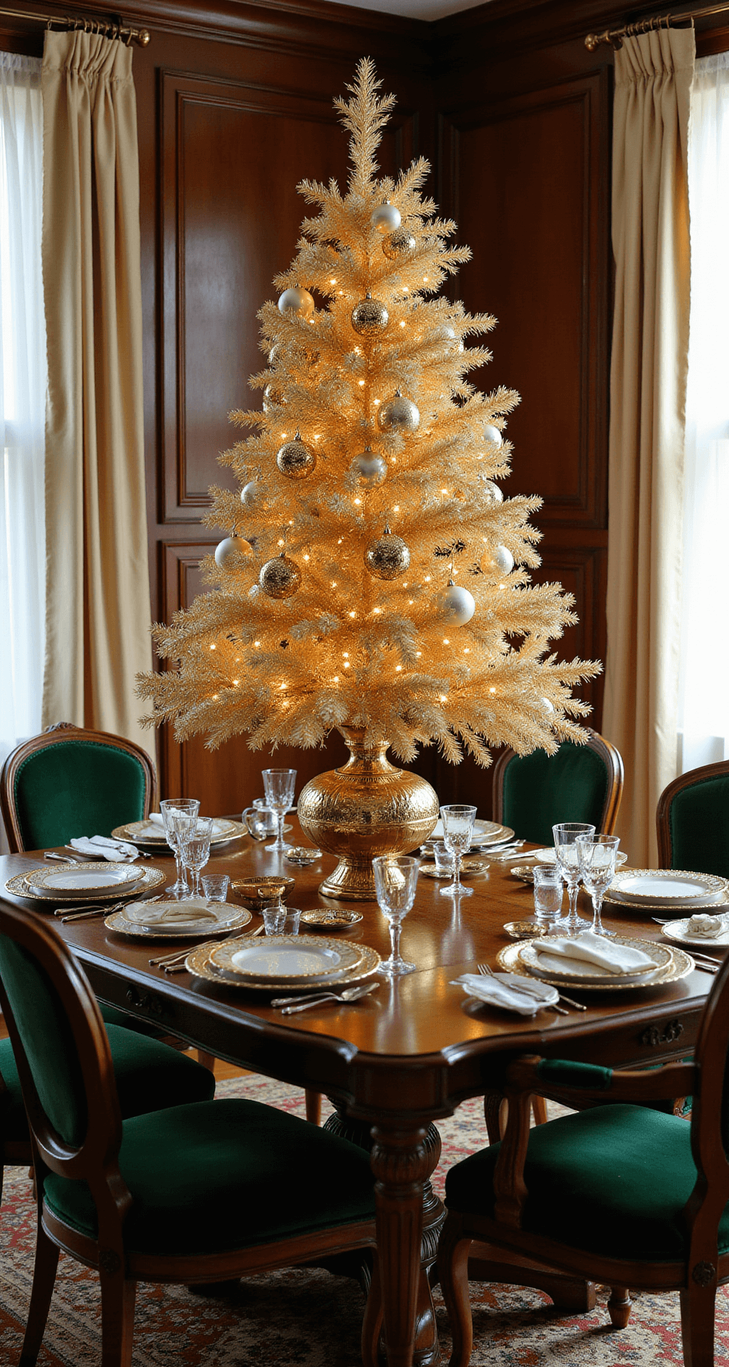 Colorful Christmas Trees: A Festive Twist on Holiday Decor Luxurious formal dining room with a gold Christmas tree as the focal point during afternoon tea, featuring rich mahogany furniture, fine china, and warm diffused lighting.