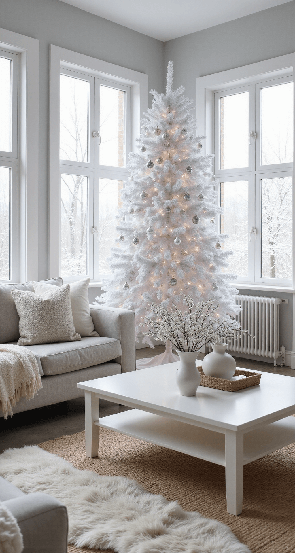 Colorful Christmas Trees: A Festive Twist on Holiday Decor A Scandinavian-inspired living room featuring a white Christmas tree, bright natural light from large windows, minimalist furniture, and a serene winter atmosphere.