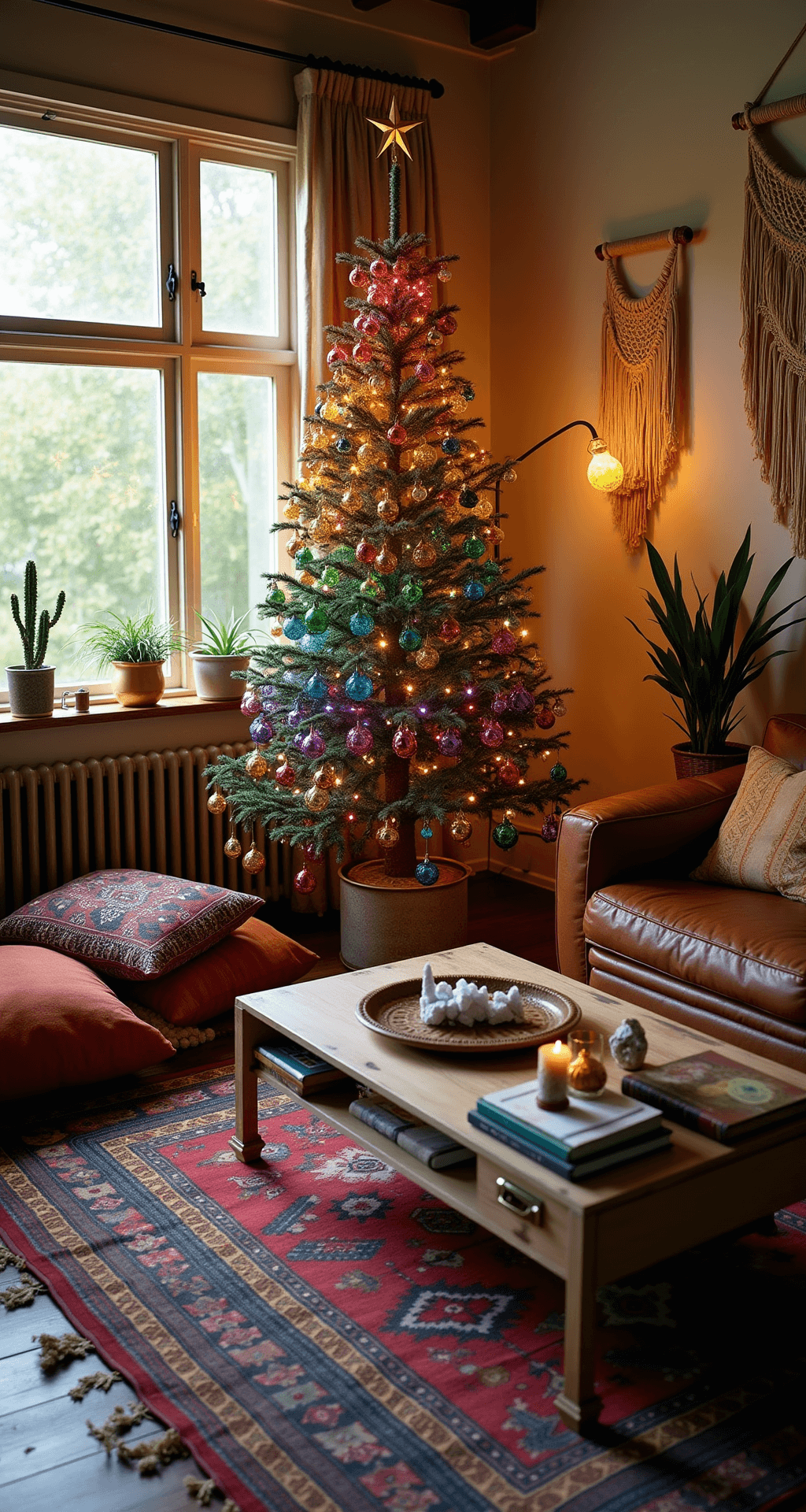 Colorful Christmas Trees: A Festive Twist on Holiday Decor An eclectic bohemian living space featuring a vibrant rainbow Christmas tree adorned with jewel-toned glass ornaments, warm golden light illuminating vintage Turkish rugs and a low-profile leather sofa, surrounded by textured decor and warm, cozy atmosphere.