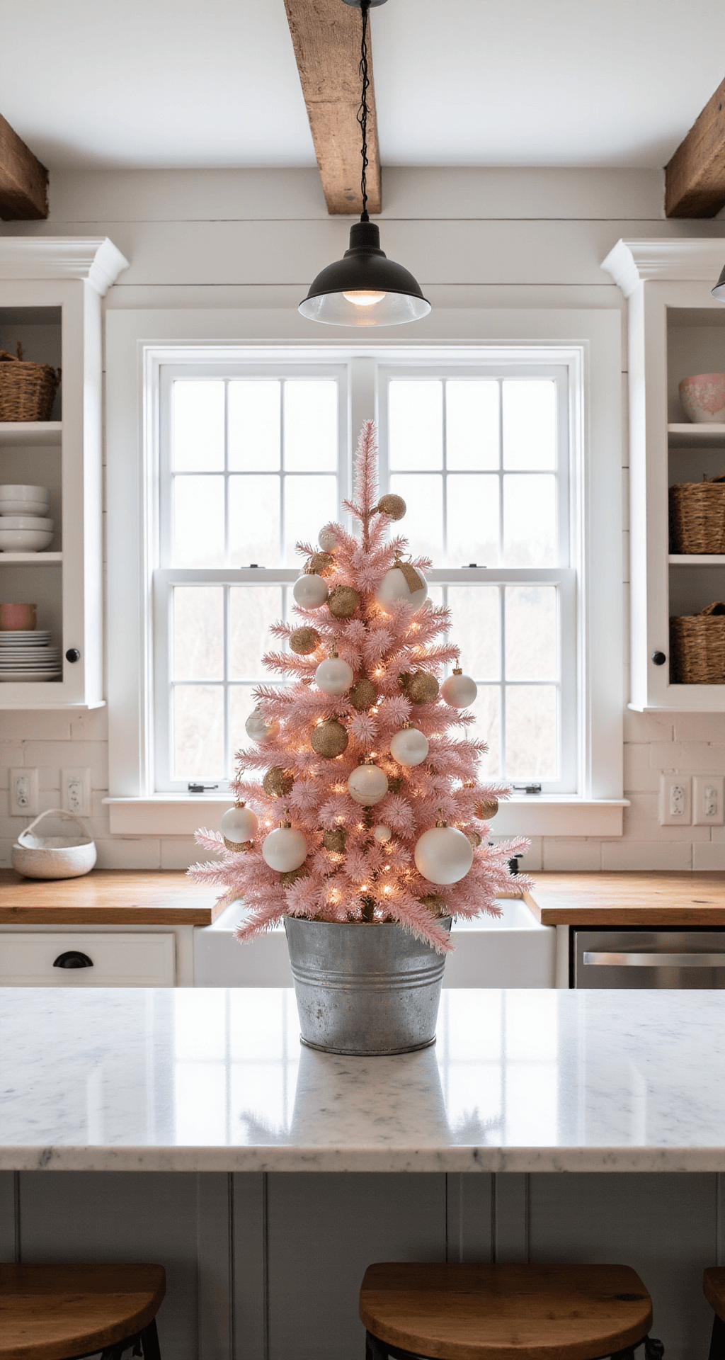 Colorful Christmas Trees: A Festive Twist on Holiday Decor A modern farmhouse kitchen featuring a pastel pink Christmas tree on a large island, bright natural light streaming through white-framed windows, white shiplap walls, butcher block countertops, and vintage dishes on open shelving.