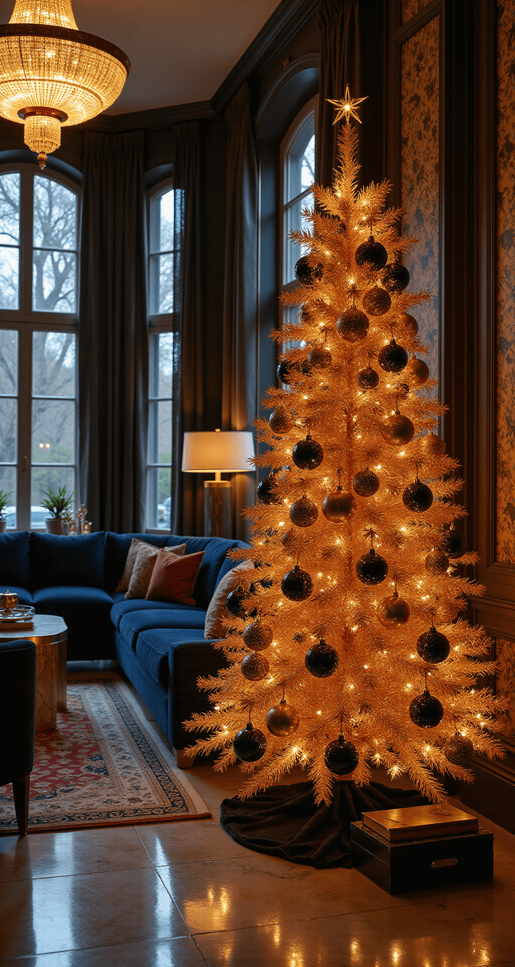 Colorful Christmas Trees: A Festive Twist on Holiday Decor Art deco-inspired apartment interior with a stunning 8-foot metallic copper Christmas tree decorated in black and gold, surrounded by rich textures like a midnight blue velvet sofa and geometric patterned rug, under dramatic uplighting and a crystal chandelier, creating a glamorous 1920s luxury ambiance.