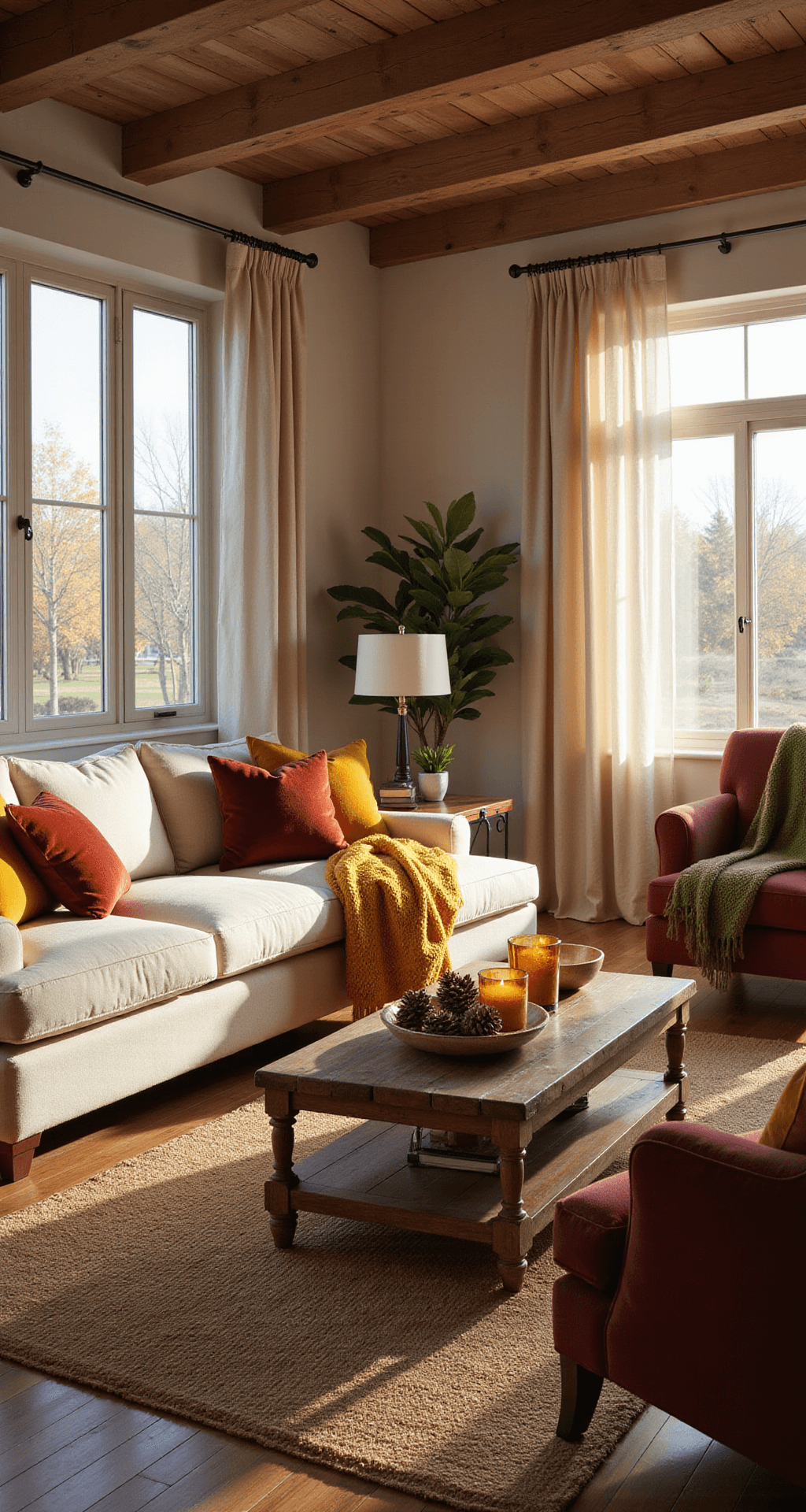 Cozy Fall Decor: Transform Your Home into an Autumn Haven Photorealistic living room interior featuring a spacious 14x16 layout with exposed wooden beams, large windows, and golden hour light. The scene includes a cream sectional sofa with rust-colored pillows, a reclaimed wood coffee table with pinecone decor and flickering candles, a jute rug, and a burgundy accent chair with an olive green blanket, all contributing to a cozy autumn ambiance.