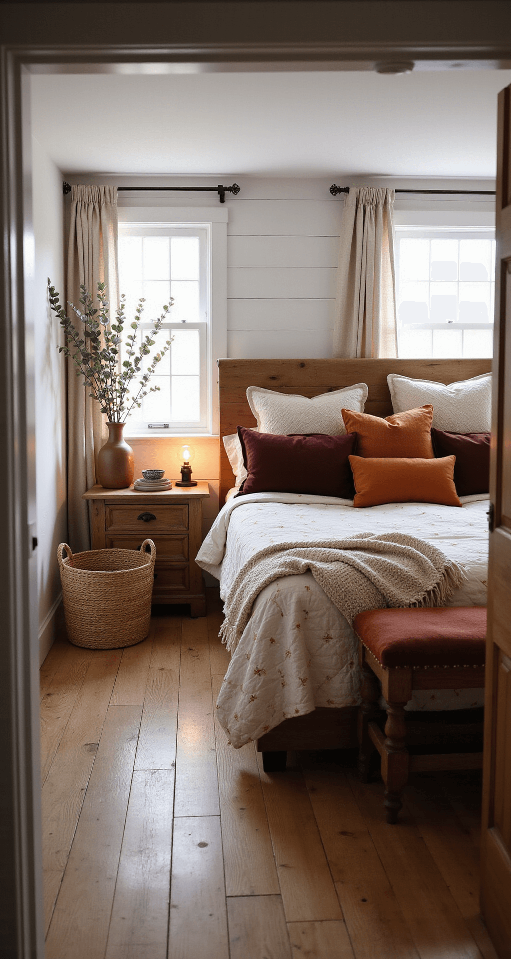 Cozy Fall Decor: Transform Your Home into an Autumn Haven Intimate bedroom scene with white shiplap wall, king-size bed dressed in autumn quilts, and warm morning light spilling through linen curtains, creating a cozy and serene atmosphere.