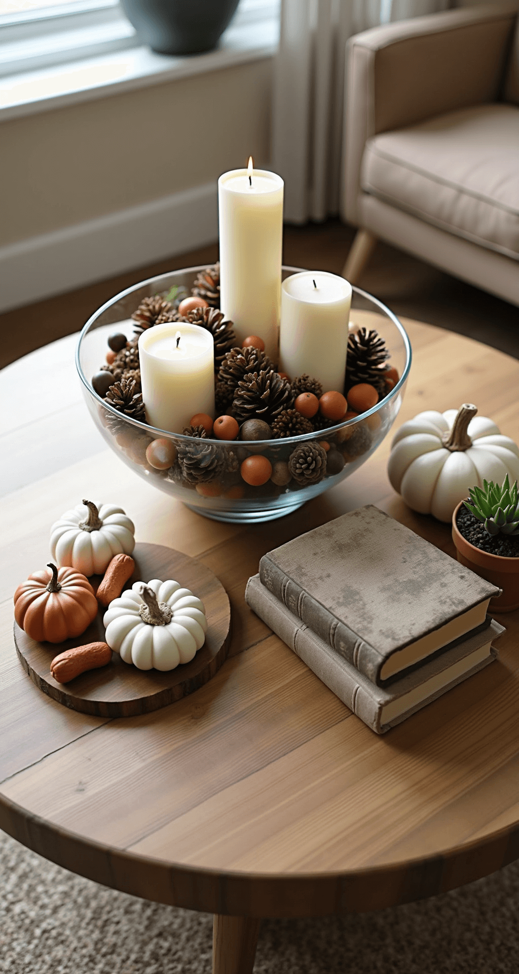 Cozy Fall Decor: Transform Your Home into an Autumn Haven Aerial view of a styled coffee table vignette featuring a round reclaimed wood table. The arrangement includes a glass bowl of pinecones and acorns, pillar candles in cream and cinnamon scents, small ceramic pumpkins, vintage books with linen covers, and a succulent in a clay pot, all set in warm neutral tones.