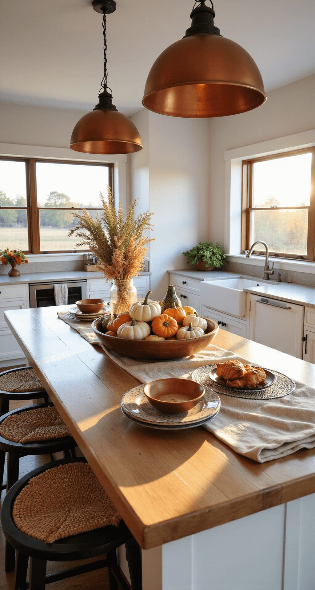 Cozy Fall Decor: Transform Your Home into an Autumn Haven A spacious farmhouse kitchen featuring a butcher block island, white shaker cabinets, and large windows that bathe the room in golden hour light. The island is adorned with a wooden bowl of mixed gourds and mini pumpkins, mason jars with dried wheat, and a linen table runner. Fresh baked goods and ceramic platters in earth tones complete the cozy, harvest-ready atmosphere.