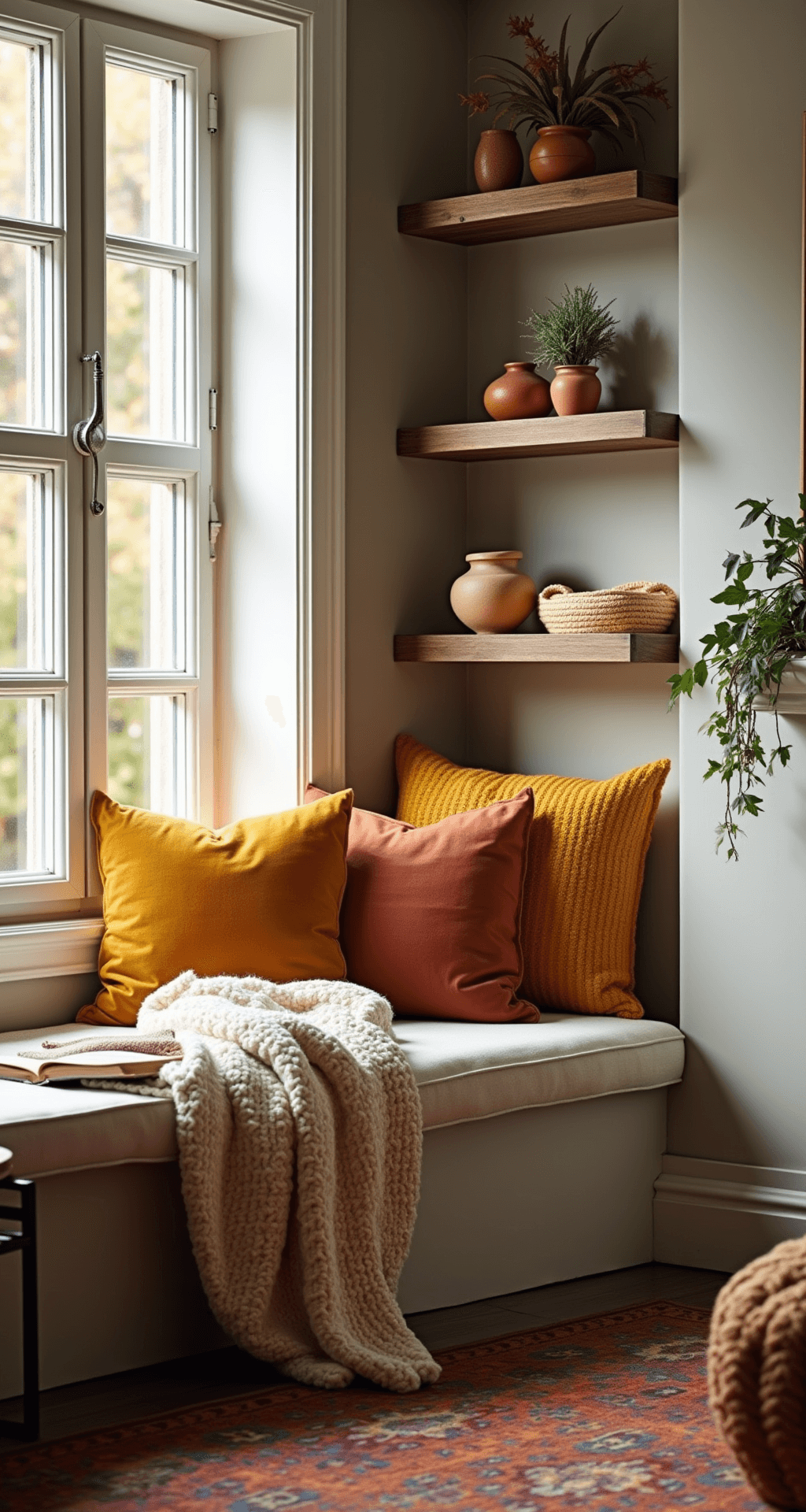 Cozy Fall Decor: Transform Your Home into an Autumn Haven Cozy reading nook in a living room featuring a built-in window seat with cream linen cushions, layered pillows in burnt orange and mustard yellow, and a rust-colored blanket, illuminated by late afternoon light; includes floating wooden shelves with ceramic vessels and plants, a warm burgundy Persian-style rug, and a side table with a steaming mug and open book.