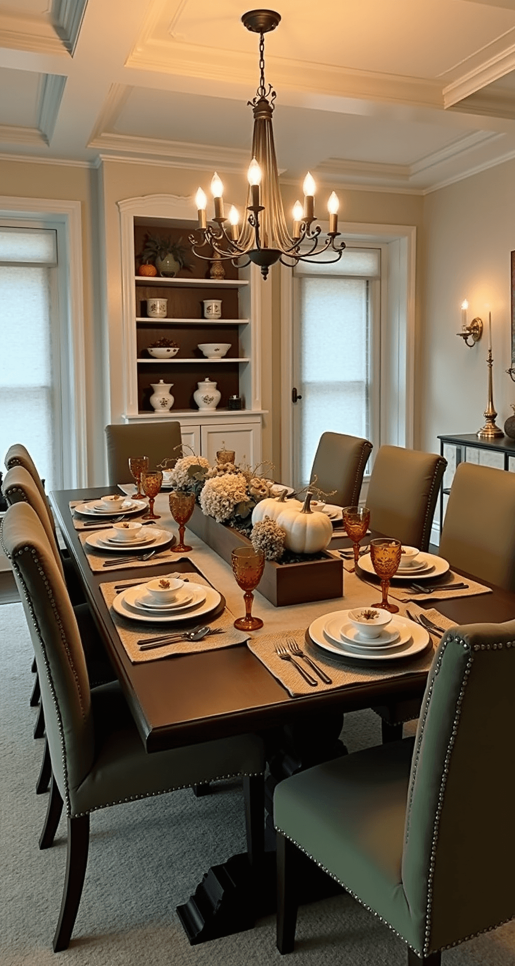 Cozy Fall Decor: Transform Your Home into an Autumn Haven Elegant dining room set for eight, featuring a dark walnut table with layered autumn place settings, surrounded by sage green velvet chairs and warm ambient lighting from an Edison bulb chandelier and candles. Centerpiece includes a wooden trough filled with white pumpkins and dried flowers.