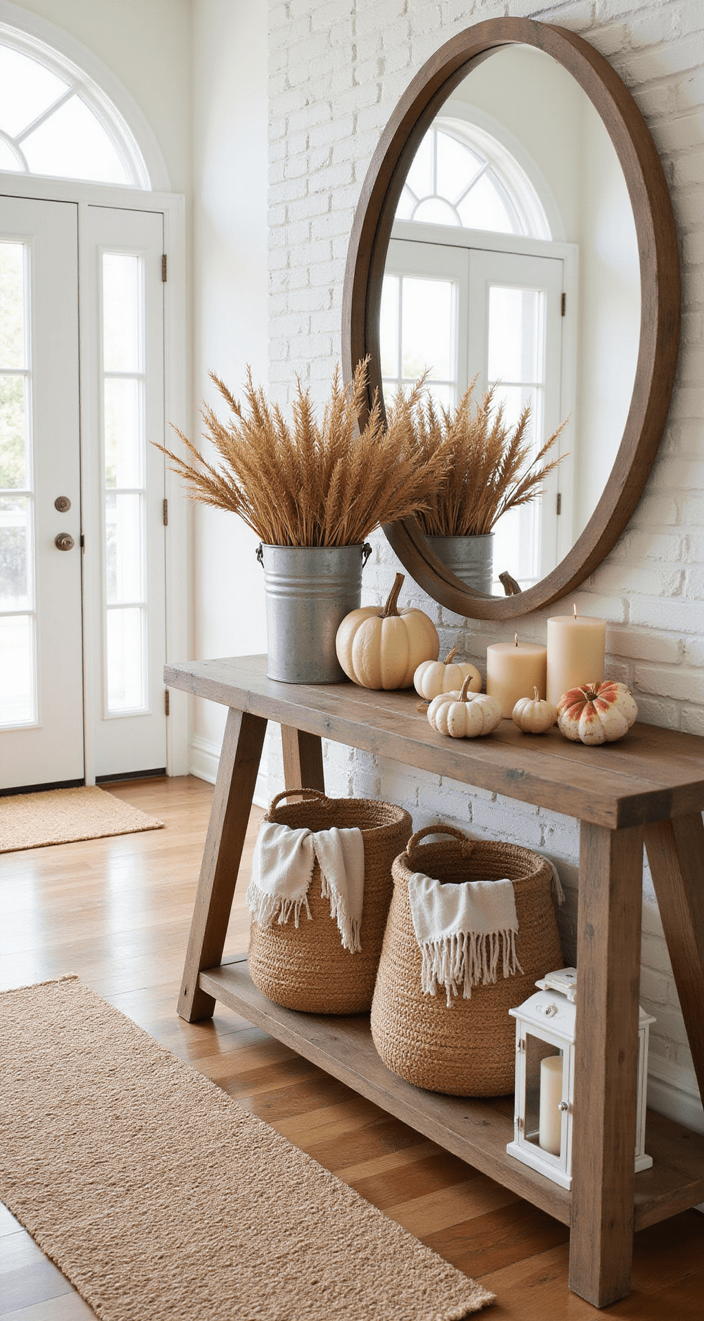 Cozy Fall Decor: Transform Your Home into an Autumn Haven Welcoming autumn entryway featuring whitewashed brick walls, wide-plank hardwood floors, and natural light. A large reclaimed wood console table displays galvanized buckets with dried corn stalks, ceramic pumpkins, and woven baskets with seasonal throws. A round mirror reflects light, while a vintage-style lantern adds warmth. A jute runner leads to a sisal doormat with a seasonal greeting. Color palette includes cream, rust, and natural wood for a cozy ambiance.