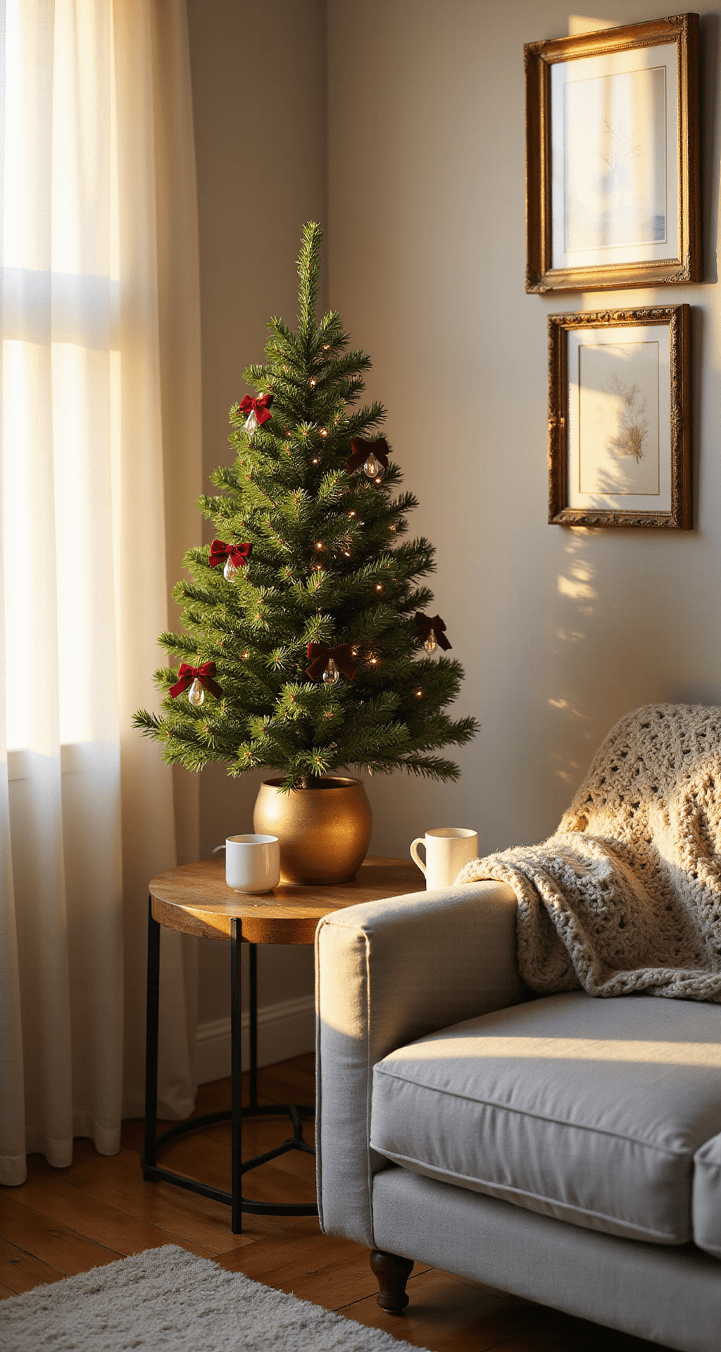 Mini Christmas Tree: Your Ultimate Guide to Festive Decor in Small Spaces Photorealistic view of a cozy studio apartment living area featuring a mini Christmas tree on a rustic wooden side table, illuminated by golden hour sunlight filtering through sheer white curtains. The scene includes a gray sectional sofa, a chunky knit throw blanket, and decorative elements in a warm color palette of whites, grays, and red.