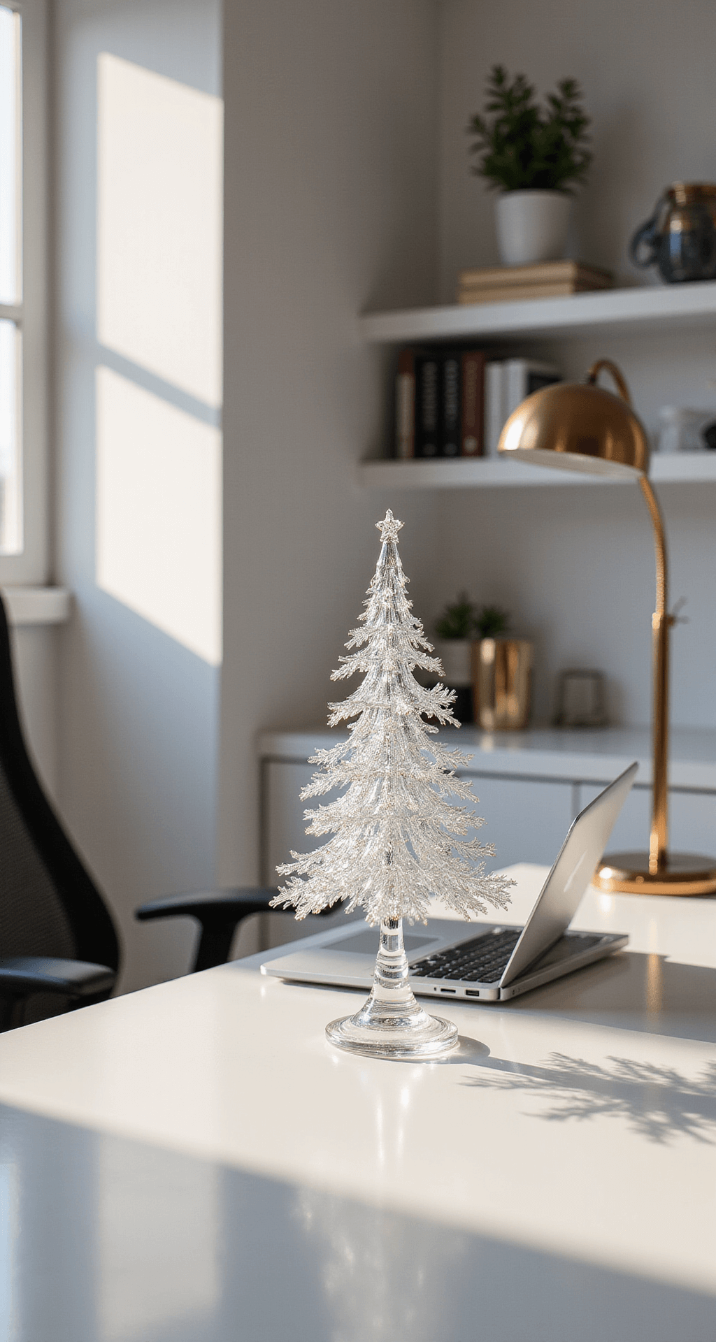 Mini Christmas Tree: Your Ultimate Guide to Festive Decor in Small Spaces A petite glass Christmas tree on a clean white desk beside a modern laptop, illuminated by soft late afternoon light, showcasing a minimalist home office with white walls, curated shelves, and metallic accents.