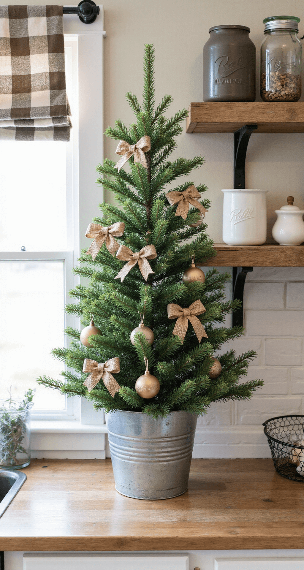 Mini Christmas Tree: Your Ultimate Guide to Festive Decor in Small Spaces Cozy farmhouse kitchen vignette with a small Norfolk pine in a galvanized bucket on a reclaimed wood shelf, illuminated by morning light through gingham curtains, featuring a rustic backdrop of white subway tiles, open shelving with vintage mason jars, and layers of natural textures in a warm, inviting atmosphere.