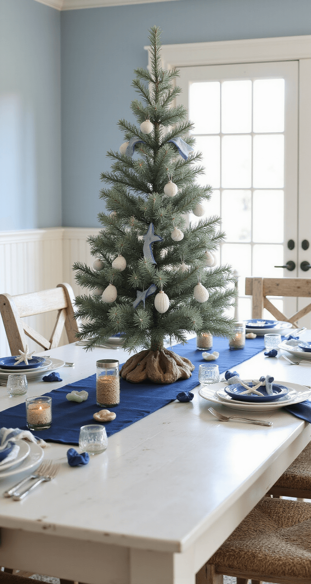 Mini Christmas Tree: Your Ultimate Guide to Festive Decor in Small Spaces Elegant coastal-themed Christmas tablescape with a blue and white mini tree centerpiece, decorated with shell ornaments and starfish, set on a whitewashed wood table with a navy linen runner, illuminated by soft morning light.
