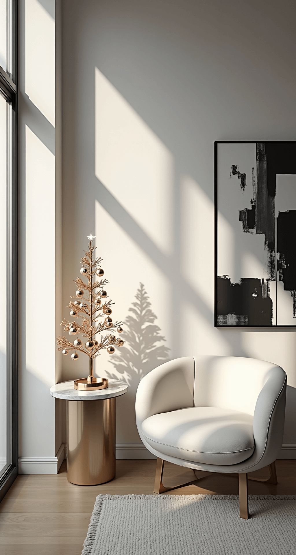 Mini Christmas Tree: Your Ultimate Guide to Festive Decor in Small Spaces Sophisticated minimalist living room corner featuring a sleek metallic mini Christmas tree on a marble console table, illuminated by warm white micro LED lights, with dramatic shadows from afternoon sunlight highlighting architectural lines, complemented by a white leather accent chair and black and white artwork.