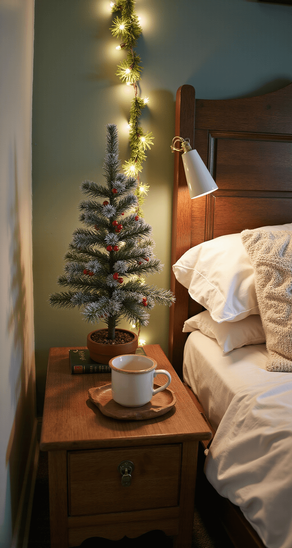 Mini Christmas Tree: Your Ultimate Guide to Festive Decor in Small Spaces Charming bedroom nightstand with a tiny frosted pine Christmas tree and warm lighting, featuring a vintage wooden nightstand, cozy textures, and peaceful holiday decor against a sage green wall.