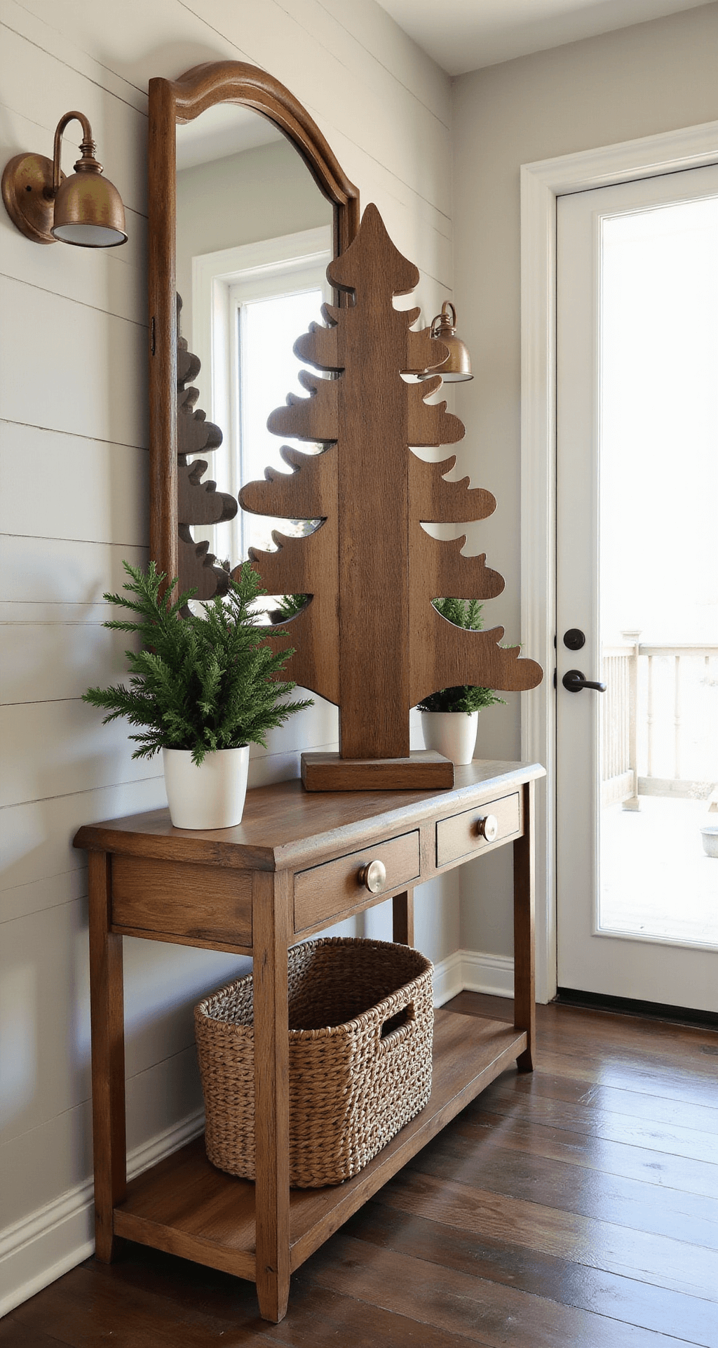Mini Christmas Tree: Your Ultimate Guide to Festive Decor in Small Spaces A narrow console table in a beautiful entryway features a 16-inch reclaimed wood mini Christmas tree sculpture, flanked by potted evergreen sprigs and a woven basket below. The setting, with shiplap walls and a vintage mirror above, is illuminated by natural light and a vintage brass sconce, showcasing rich wood grains and earthy tones.
