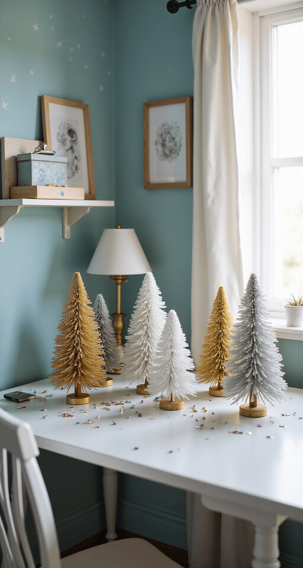 Small Christmas Tree Ideas: Festive Magic for Compact Spaces Cozy child's bedroom with DIY mini pipe cleaner trees on a white wooden desk, soft morning light through sheer curtains, metallic gold and silver trees, craft supplies, powder blue walls with constellation decals, and a dreamy, soft-focus background.