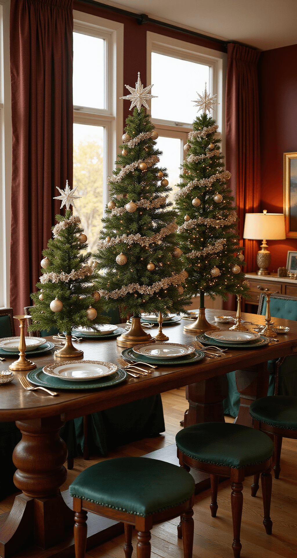 Small Christmas Tree Ideas: Festive Magic for Compact Spaces Elegant dining room vignette featuring a mahogany console table adorned with varying heights of faux evergreen trees decorated with mercury glass garlands and champagne-colored baubles, set against rich burgundy walls and warm golden hour lighting.