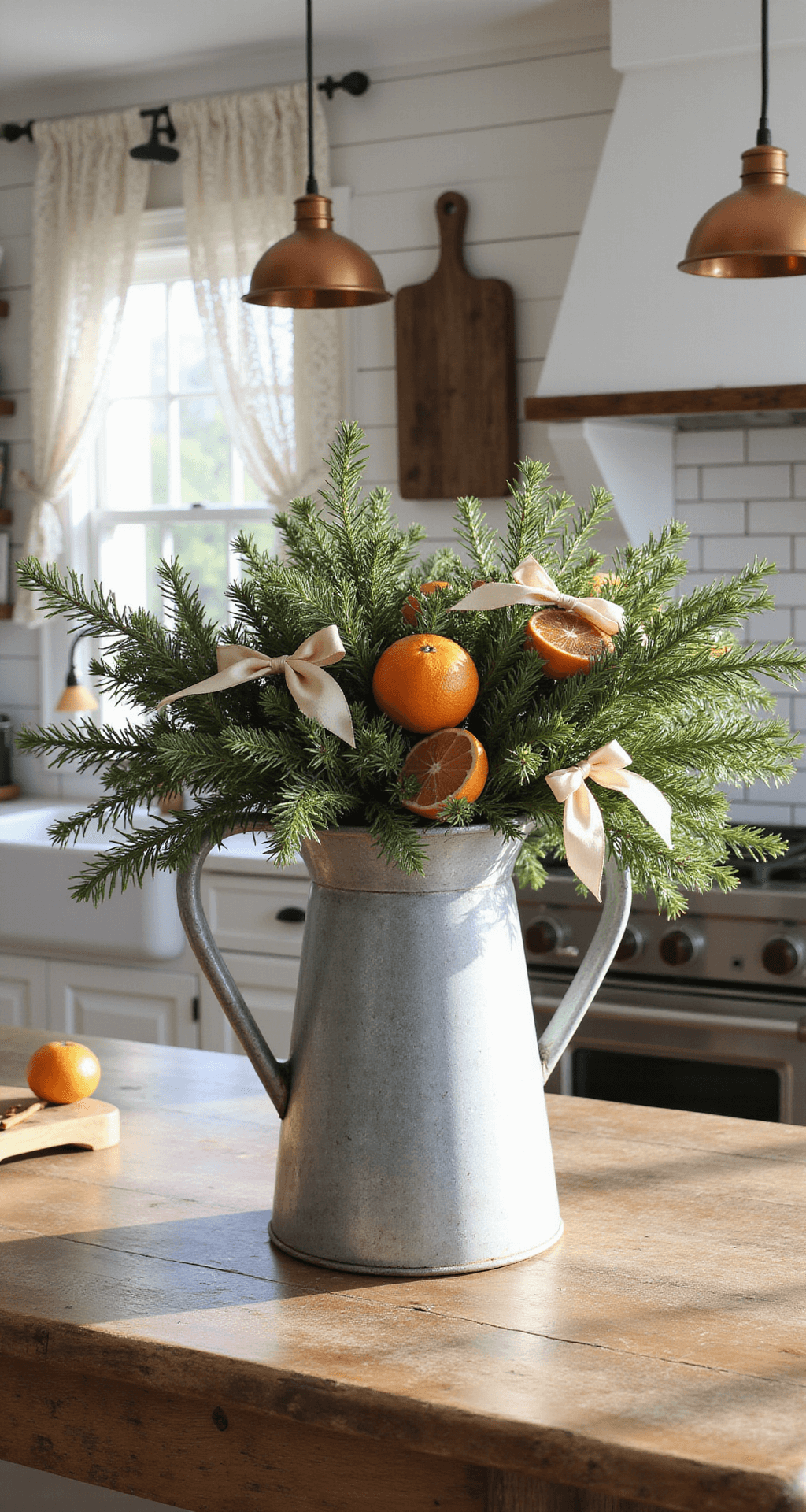 Small Christmas Tree Ideas: Festive Magic for Compact Spaces A rustic farmhouse kitchen with evergreen branches in a galvanized pitcher on a reclaimed wood island, soft afternoon light through lace curtains, adorned with dried orange slices and cinnamon sticks, featuring white shiplap walls, copper pendant lights, and weathered wood cutting boards.
