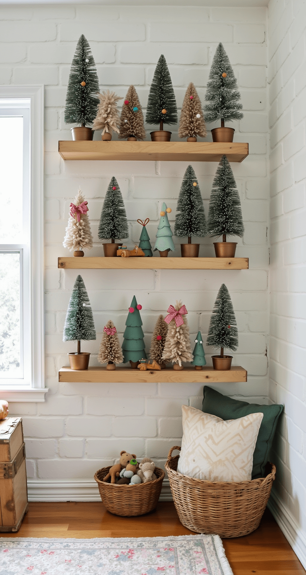 Small Christmas Tree Ideas: Festive Magic for Compact Spaces A whimsical playroom corner featuring themed miniature trees on floating pine shelves, showcasing rustic, country, and playful styles with vibrant sunlight highlighting the cheerful decor, vintage wooden toys, wicker baskets, and pastel area rugs against white brick walls.