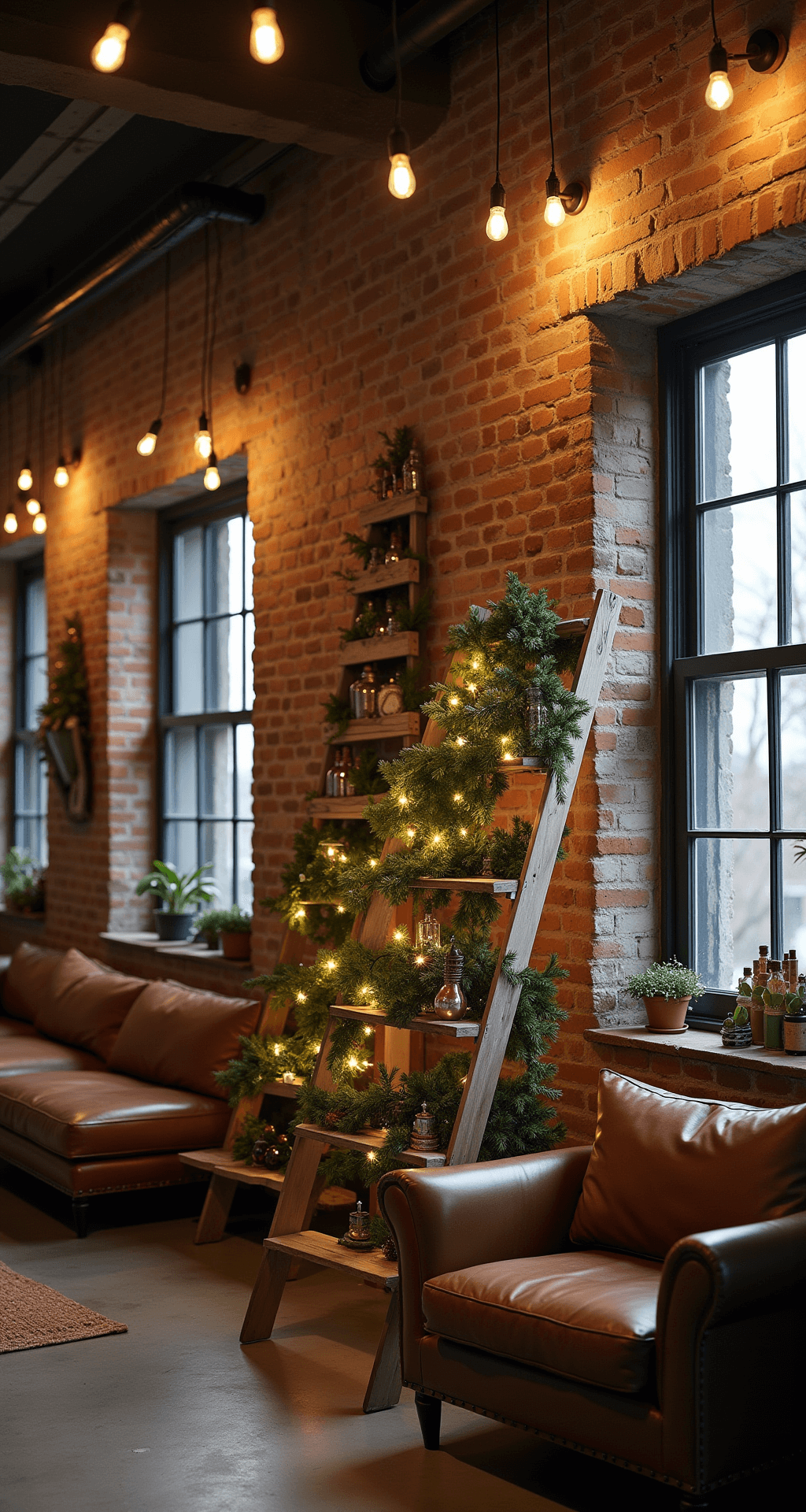 Small Christmas Tree Ideas: Festive Magic for Compact Spaces A cozy industrial-style living room with exposed brick walls, featuring a vintage wooden ladder draped in garland and adorned with ornaments, illuminated by Edison string lights and large factory windows, alongside eclectic holiday displays of painted wood pallet trees and bottle brush collections.