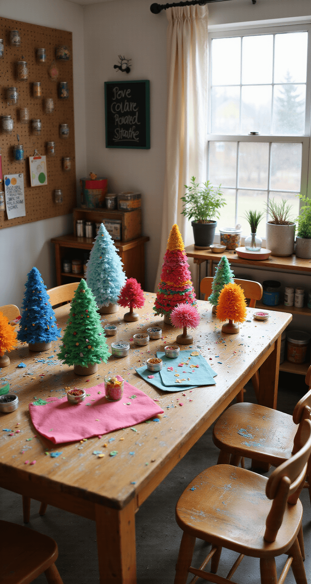Small Christmas Tree Ideas: Festive Magic for Compact Spaces A vibrant craft room filled with colorful handmade trees and art supplies, illuminated by warm afternoon light, showcasing a child's creative workspace.