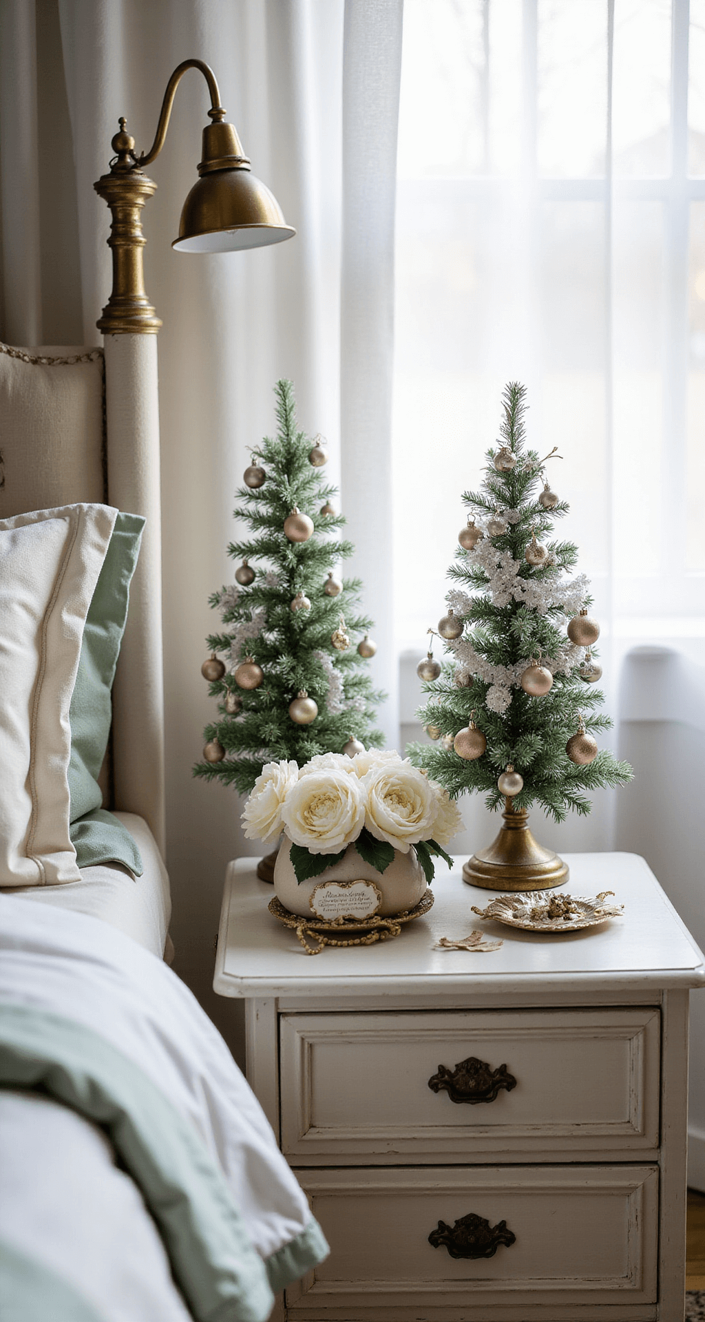 Small Christmas Tree Ideas: Festive Magic for Compact Spaces Elegant bedroom nightstand featuring a miniature ornament wonderland with soft metallic and pastel decorations, delicate trees, and handmade garlands, all set in a serene master bedroom bathed in gentle morning light.