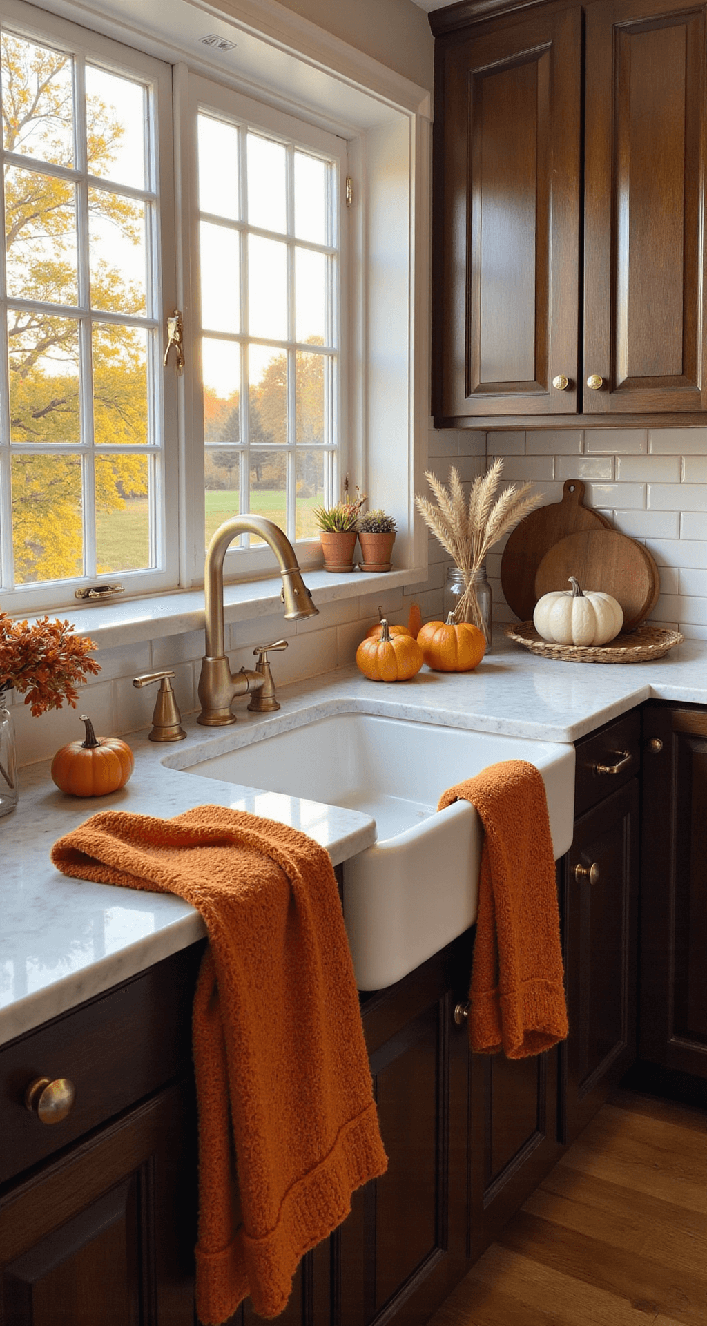Cozy Fall Kitchen Decor: Transform Your Space with Warmth and Seasonal Charm Photorealistic kitchen interior featuring warm fall colors like burnt orange and deep mustard, with dark wood cabinets, white subway tile backsplash, and marble countertops. Golden hour light highlights ceramic pumpkins and dried wheat in mason jars, creating a cozy autumn atmosphere.