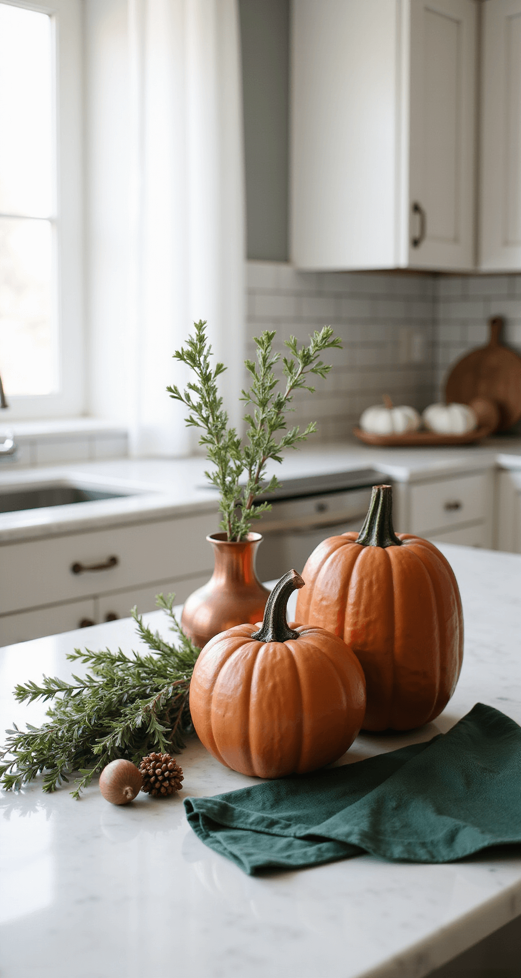 Cozy Fall Kitchen Decor: Transform Your Space with Warmth and Seasonal Charm A sophisticated kitchen counter vignette featuring a large matte burnt orange ceramic pumpkin, a small copper vessel, and a bundle of dried eucalyptus, arranged on a white marble surface with forest green linen napkins and scattered acorns and pinecones, softly illuminated by natural light.