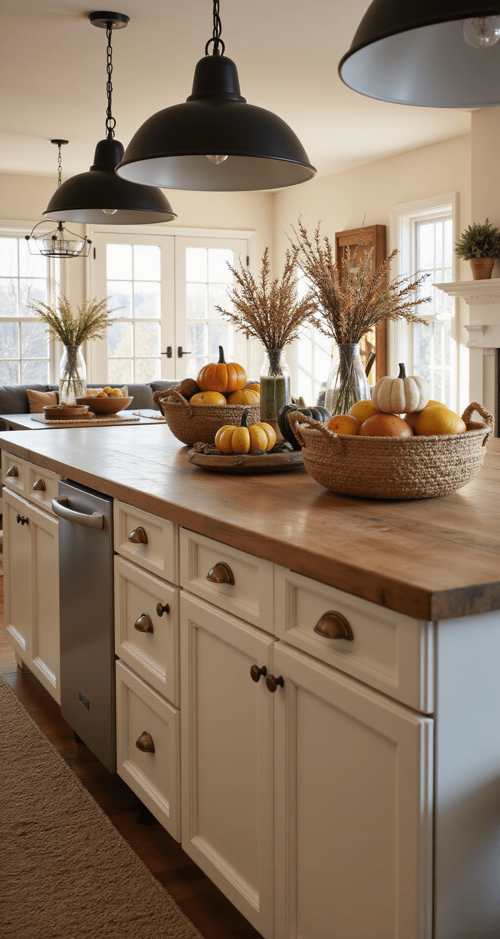 Cozy Fall Kitchen Decor: Transform Your Space with Warmth and Seasonal Charm Open-concept kitchen with L-shaped layout featuring a butcher block island, cream shaker cabinets with brass pulls, and dark hardware. Decorated for autumn with woven baskets of mini pumpkins, dried botanicals in glass vases, and warm-colored accessories. Shot during golden hour from the living area, highlighting a cozy atmosphere.