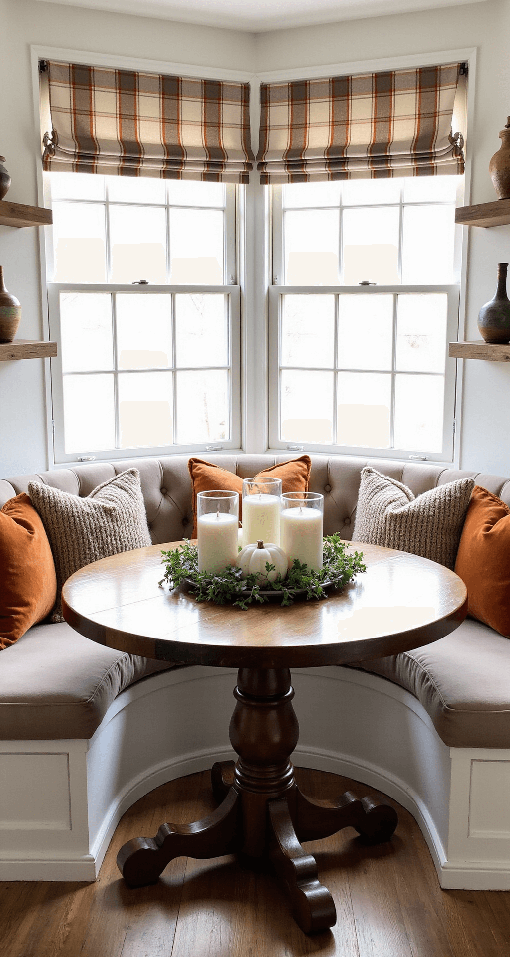 Cozy Fall Kitchen Decor: Transform Your Space with Warmth and Seasonal Charm Cozy breakfast nook with built-in banquette, round reclaimed wood table adorned with fall centerpiece, warm taupe and burnt orange textiles, and soft morning light filtering through plaid roman shades.