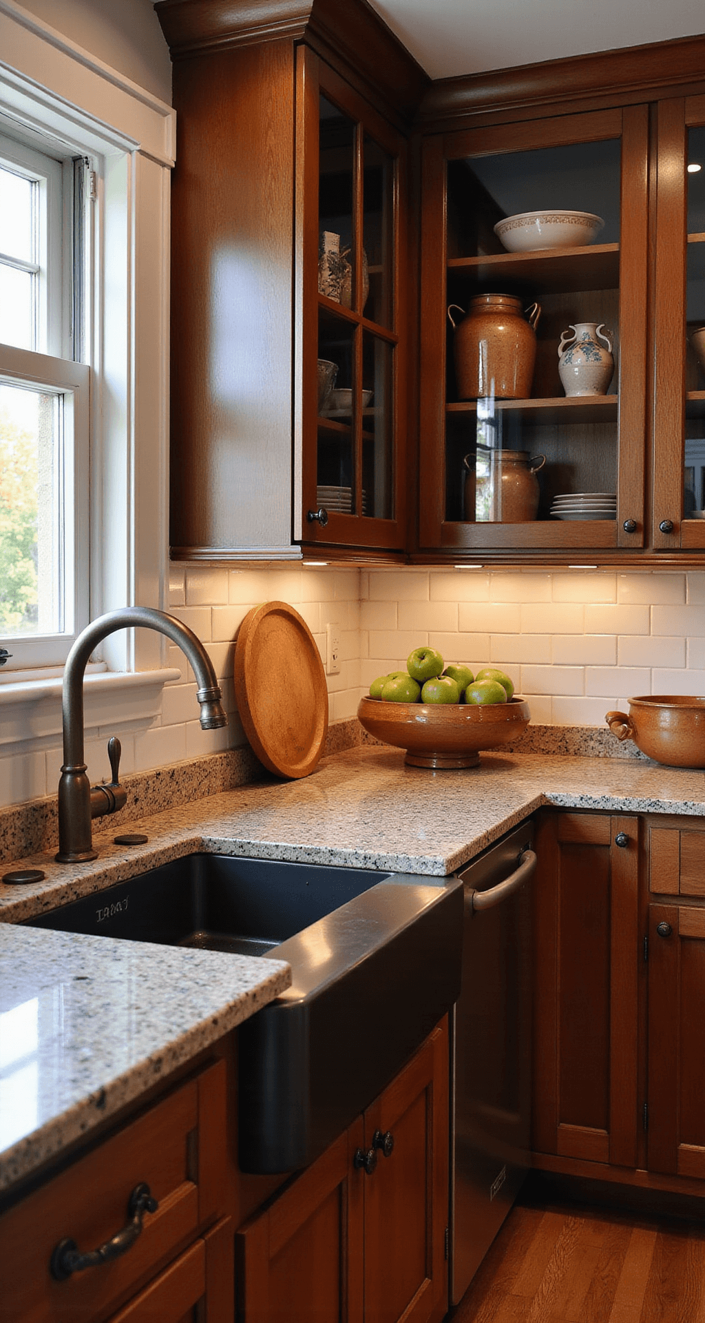 Cozy Fall Kitchen Decor: Transform Your Space with Warmth and Seasonal Charm Traditional kitchen with dark walnut cabinetry, glass-front upper cabinets displaying fall dishware, large farmhouse sink under a window with an autumn view, honed granite countertops, open shelving with copper pots and harvest-colored ceramics, and a vintage wooden bowl of fresh pears and apples, all illuminated by warm afternoon light.