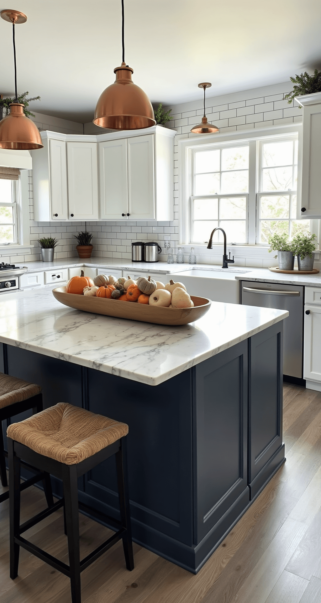 Cozy Fall Kitchen Decor: Transform Your Space with Warmth and Seasonal Charm Modern farmhouse kitchen with white cabinets and dark navy island, featuring marble countertops, pumpkin decor, rush-seat bar stools, and copper pendant lights, all illuminated by natural light and warm LED accents.