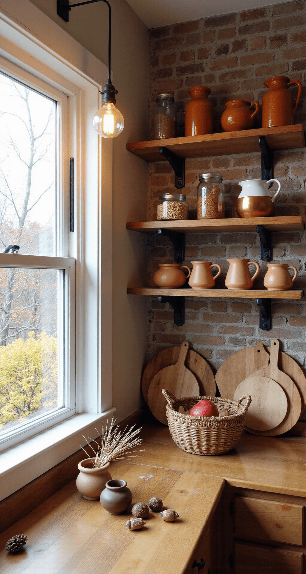 Cozy Fall Kitchen Decor: Transform Your Space with Warmth and Seasonal Charm Rustic kitchen corner featuring an exposed brick wall, reclaimed wood shelving with vintage mason jars, copper molds, and ceramic pitchers, butcher block countertops, and a window with cream linen curtains overlooking autumn foliage, styled with wooden cutting boards, dried wheat in terra cotta pots, and a basket of pinecones, all illuminated by warm tungsten lighting.