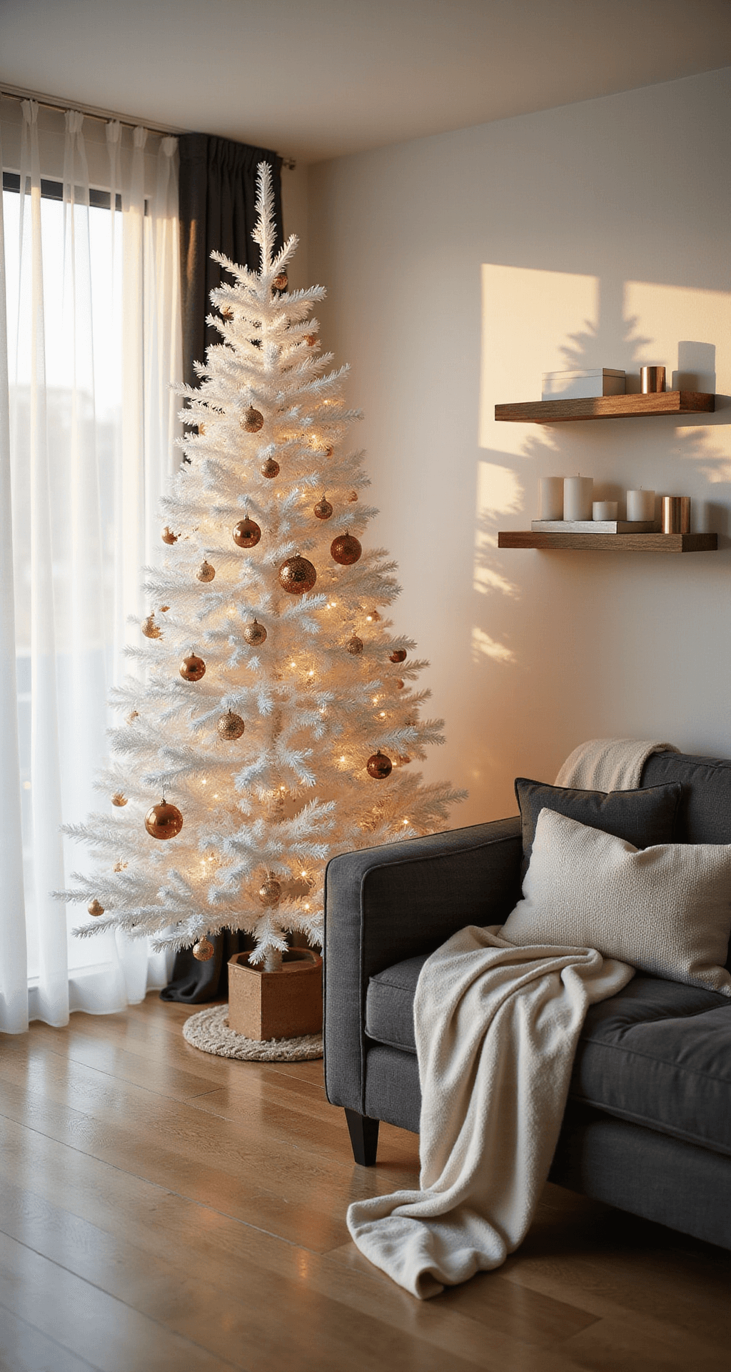Modern Christmas Decor: A Sophisticated and Minimalist Holiday Styling Guide Photorealistic interior of a modern living room during golden hour, featuring a 7-foot slim white artificial Christmas tree next to floor-to-ceiling windows, a charcoal sectional sofa with cream throw blankets and textured pillows, and minimalist decor in a soft color palette of whites, grays, and natural wood tones.
