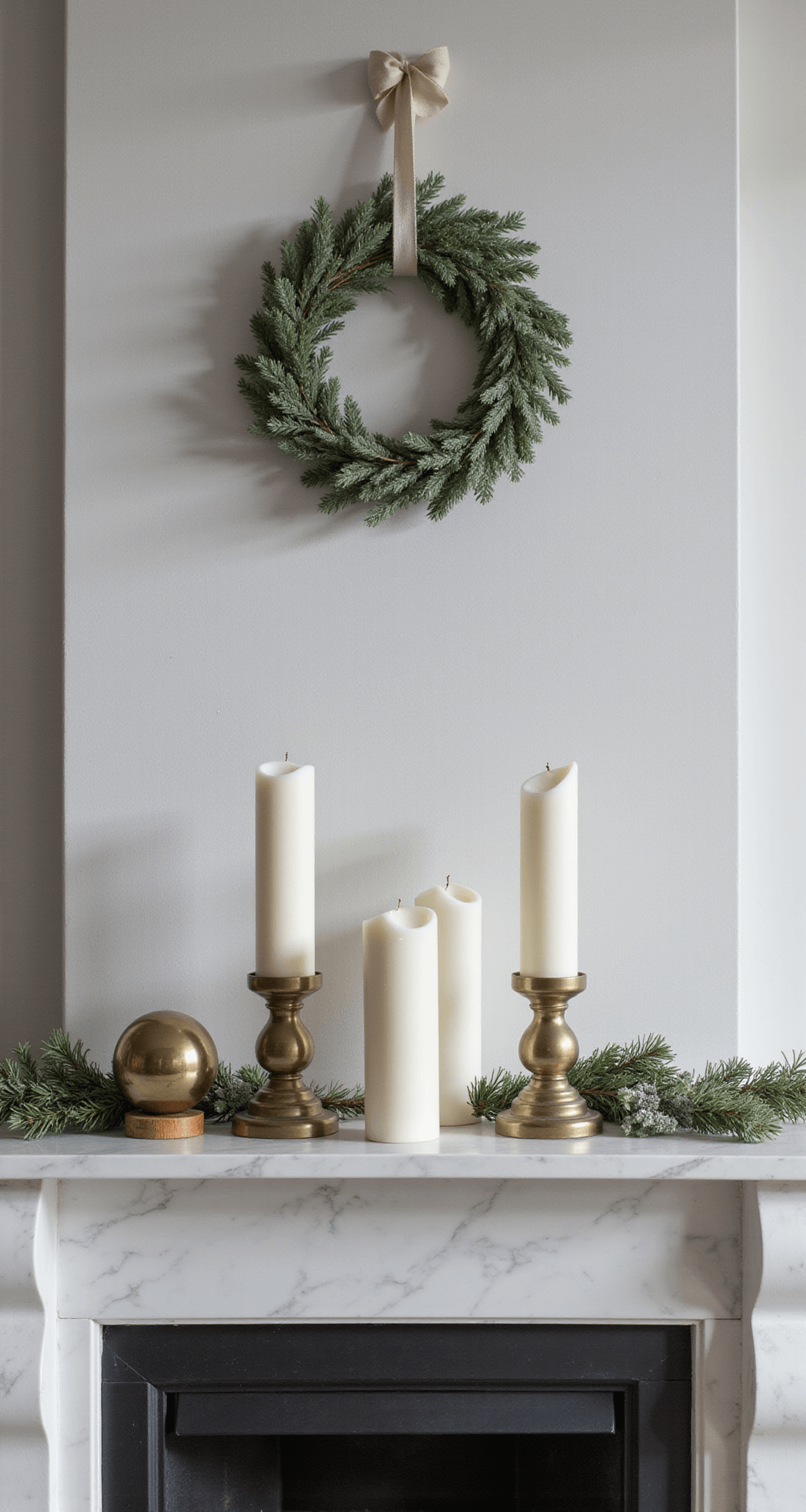 Modern Christmas Decor: A Sophisticated and Minimalist Holiday Styling Guide Close-up of a modern fireplace mantel decorated for Christmas, featuring white marble, dark steel firebox, matte white ceramic candlesticks with candles, fresh eucalyptus, geometric brass ornaments, and a silver-dusted pine wreath, all illuminated by natural morning light.