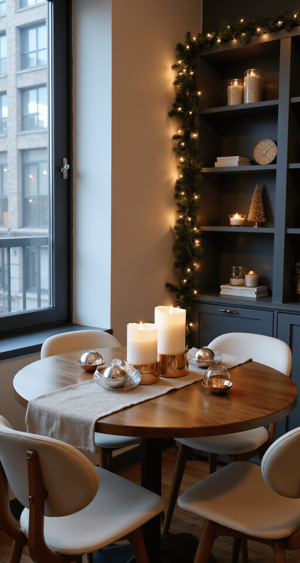 Modern Christmas Decor: A Sophisticated and Minimalist Holiday Styling Guide A cozy studio apartment dining nook decorated for Christmas during the blue hour, featuring a walnut dining table with a linen runner, white pillar candles in geometric copper holders, and silver glass ornaments, surrounded by mid-century chairs. String lights frame the window, and built-in floating shelves display minimalist holiday décor against dark charcoal walls.