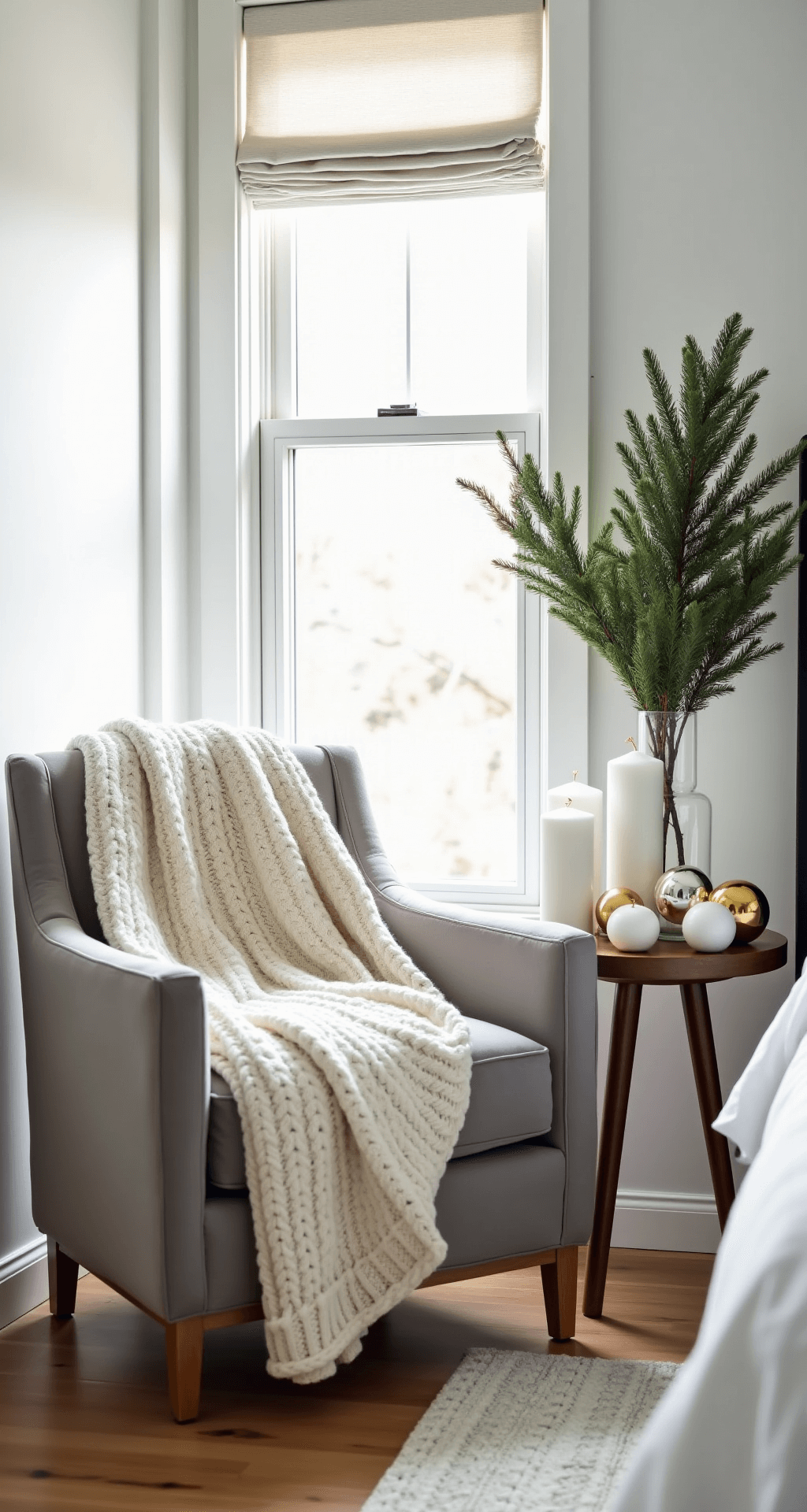 Modern Christmas Decor: A Sophisticated and Minimalist Holiday Styling Guide Luxurious modern bedroom corner with dove gray velvet reading chair, white roman shades, oversized cream cable-knit throw, and budget-friendly Christmas decorations, including white pillar candles in gold containers and fresh pine branches, all bathed in soft morning light.