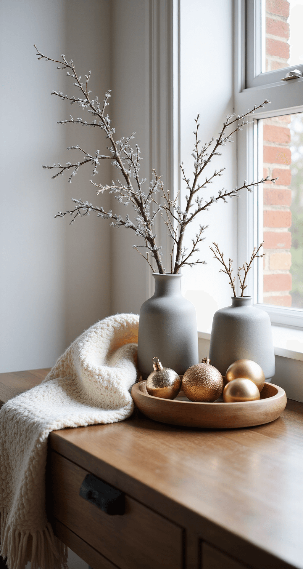 Modern Christmas Decor: A Sophisticated and Minimalist Holiday Styling Guide A modern console table styled for the holidays, featuring a chunky cream wool throw, matte gray ceramic vessels with silver-dusted branches, and mixed metallic ornaments in brushed gold and copper, all illuminated by warm afternoon light against white walls.