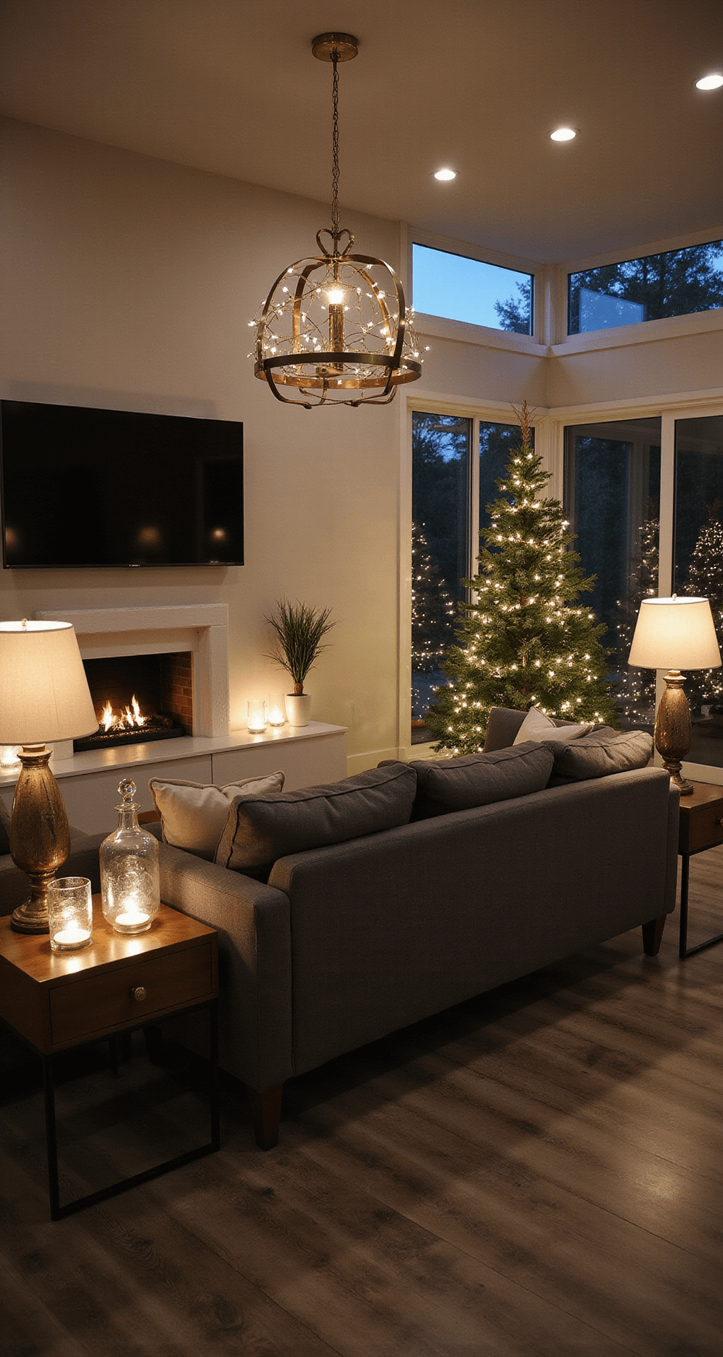 Modern Christmas Decor: A Sophisticated and Minimalist Holiday Styling Guide A sophisticated living room illuminated during twilight, featuring a contemporary sectional, warm white string lights in glass lanterns, cream table lamps, a brass pendant light, and a slim Christmas tree, all contributing to a cozy holiday atmosphere with a layered lighting strategy.