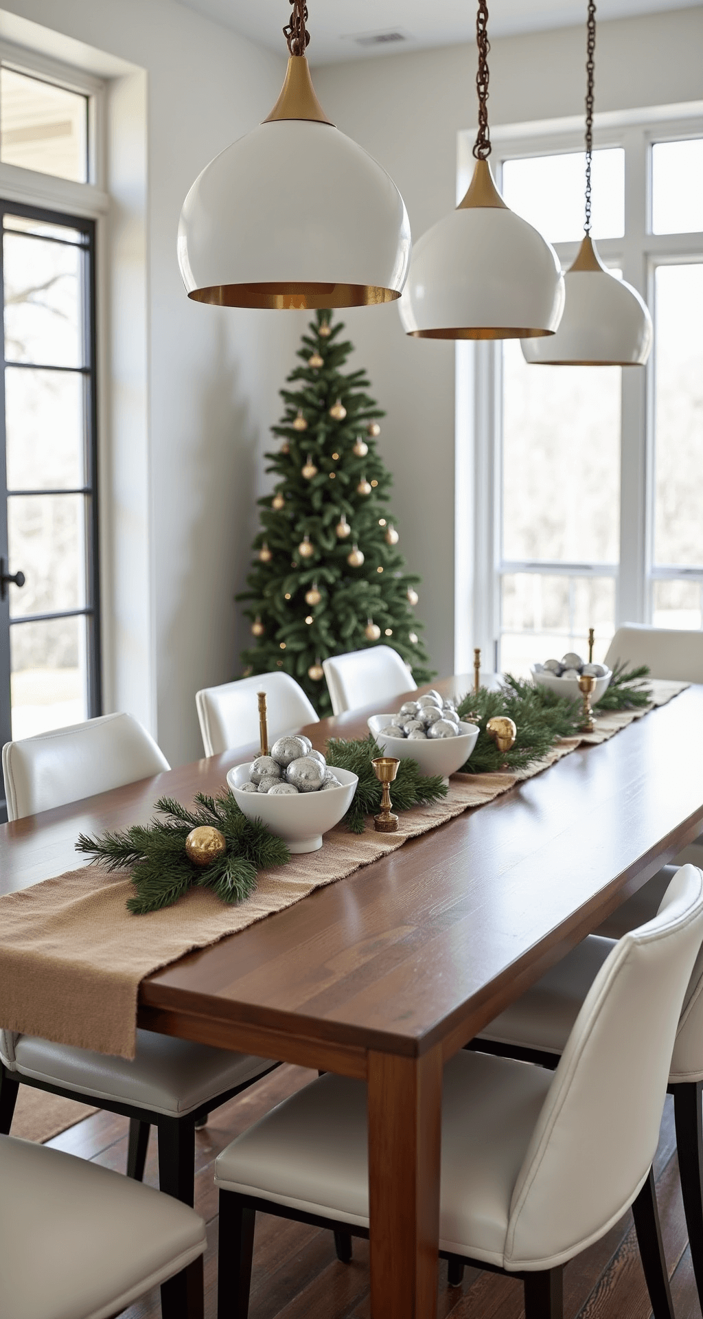 Modern Christmas Decor: A Sophisticated and Minimalist Holiday Styling Guide Elegant dining room with a sleek walnut table set for Christmas, featuring natural burlap runner, white ceramic bowls with silver ornaments, and brass candlesticks, all harmonizing with cream leather chairs and abundant natural light.