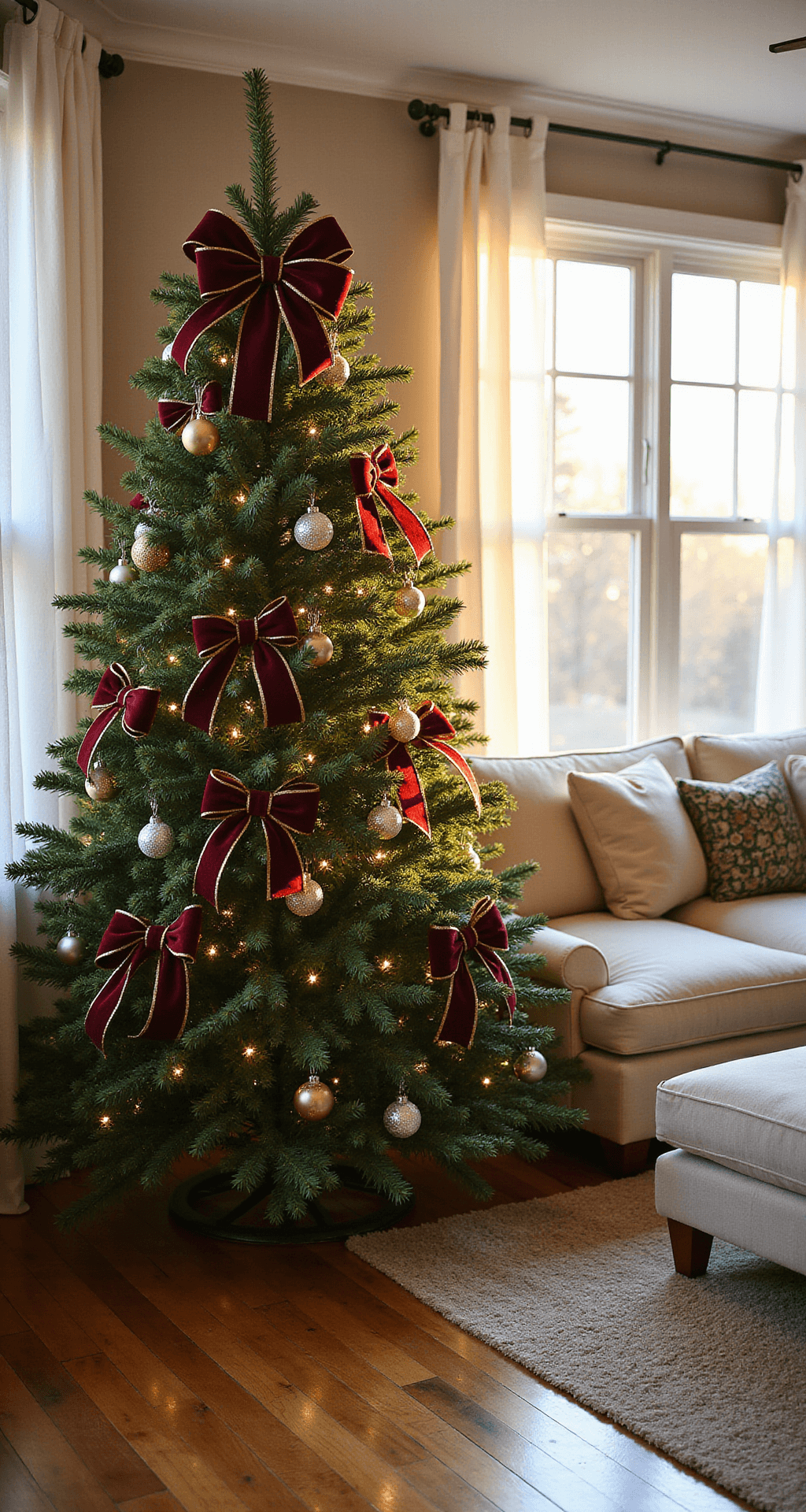 Crafting a Stunning Christmas Tree with Bows: A Decorator's Ultimate Guide Photorealistic interior of a spacious living room at golden hour, featuring a 9-foot Fraser fir Christmas tree adorned with burgundy and forest green velvet ribbons, gold wire-edged bows, and crystal ornaments, alongside a cream-colored sectional sofa, all bathed in warm, soft natural light streaming through sheer white curtains.