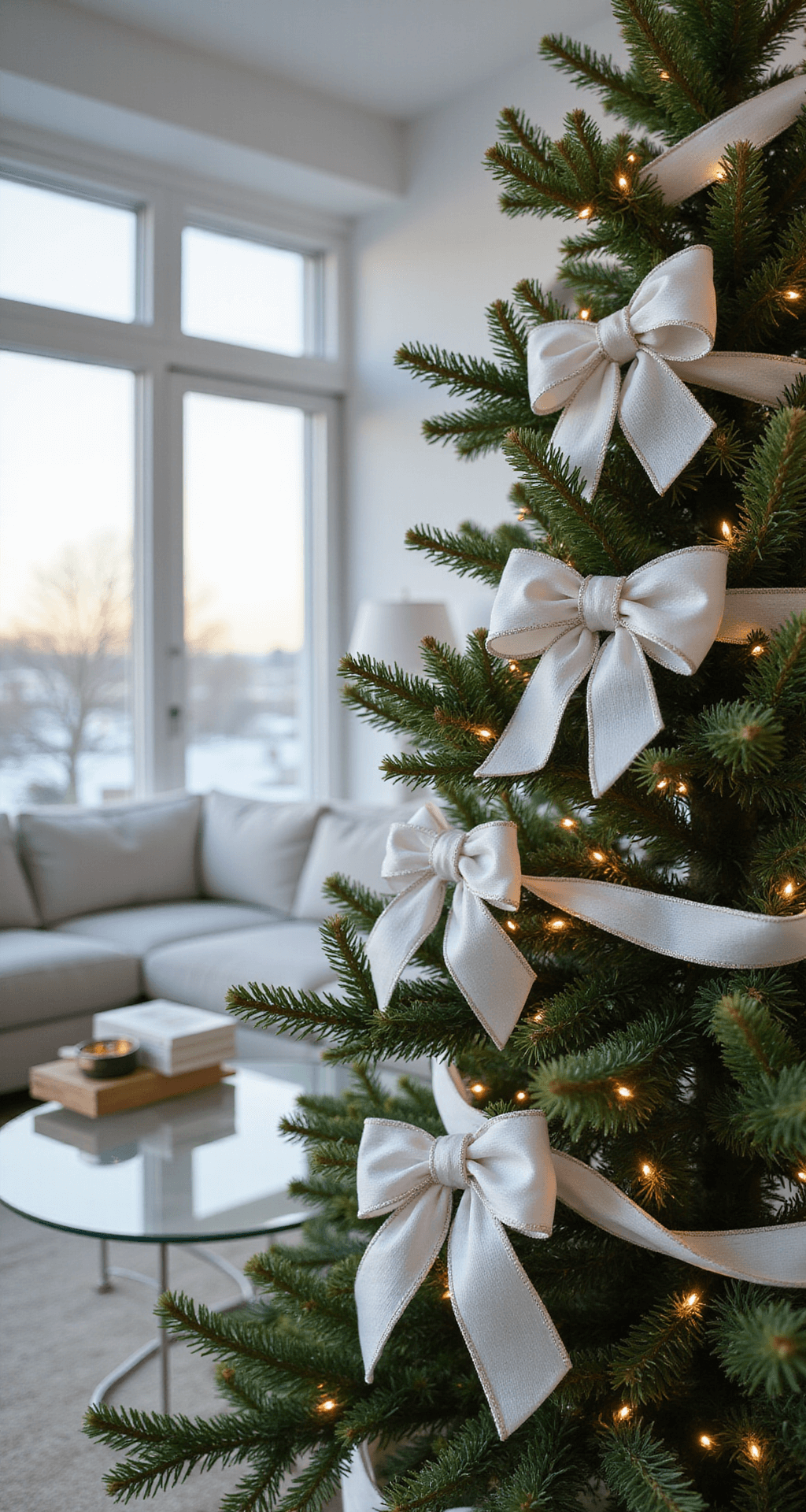 Crafting a Stunning Christmas Tree with Bows: A Decorator's Ultimate Guide Close-up of a beautifully adorned Christmas tree in a modern minimalist living room, featuring white satin ribbons and silver organza bows, with soft LED lights illuminating the deep green branches. The scene is set against clean white walls and sleek furniture, capturing an elegant holiday atmosphere in cool-toned natural light.