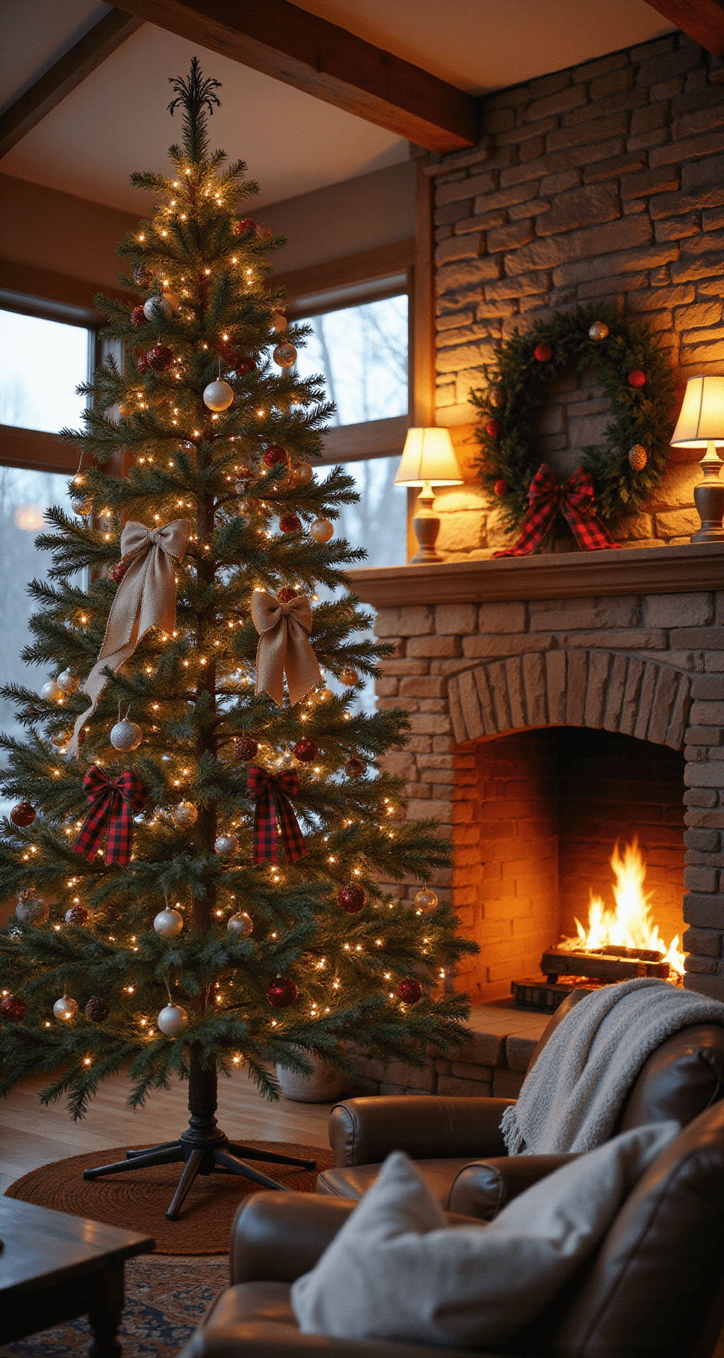 Crafting a Stunning Christmas Tree with Bows: A Decorator's Ultimate Guide Cozy farmhouse living room at dusk with a rustic Christmas tree adorned with burlap and red plaid ribbons, a crackling stone fireplace, vintage ornaments, and a weathered leather armchair, all bathed in warm amber lighting.